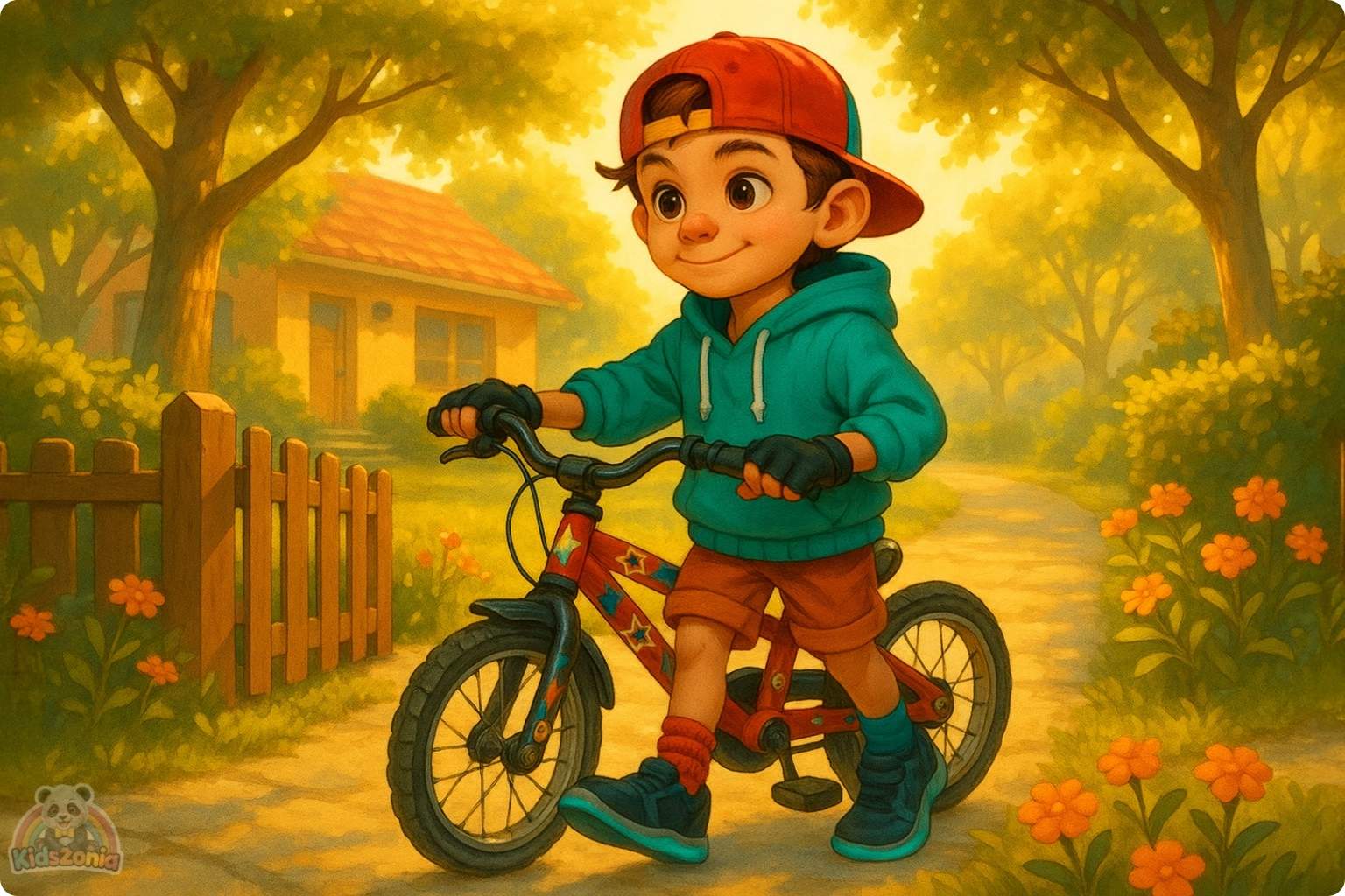 Milo riding his shiny red bicycle beside his smiling shadow in a sunny park, showing courage, resilience, self-belief, and trying again after falling.