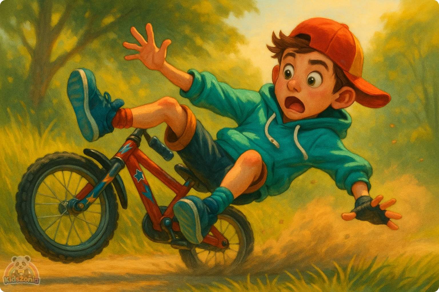Milo riding his shiny red bicycle beside his smiling shadow in a sunny park, showing courage, resilience, self-belief, and trying again after falling.