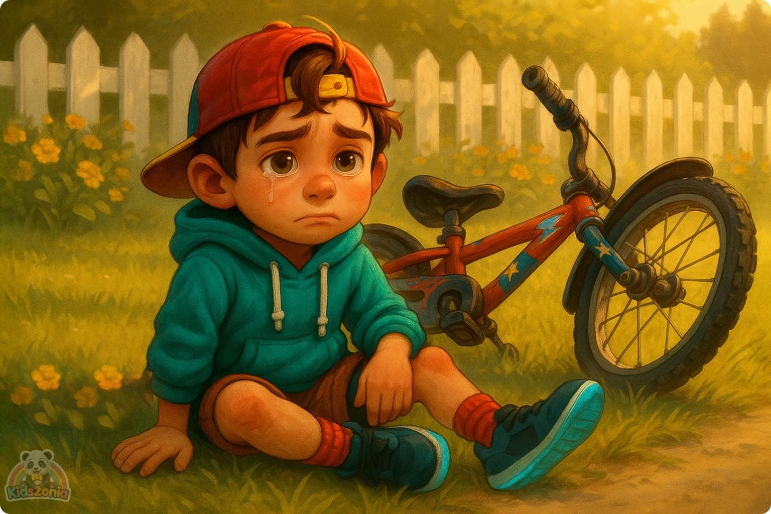 Milo riding his shiny red bicycle beside his smiling shadow in a sunny park, showing courage, resilience, self-belief, and trying again after falling.