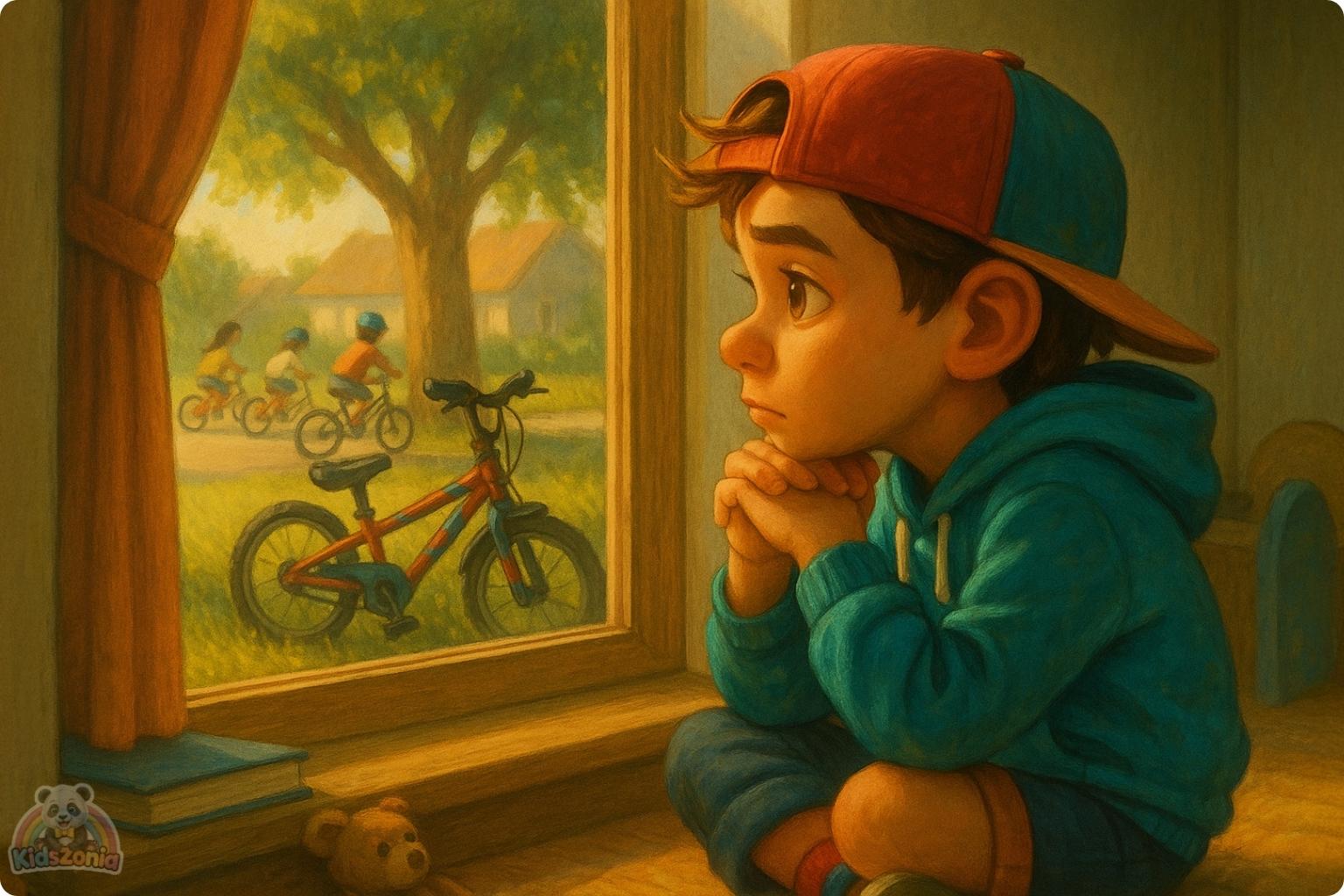 Milo riding his shiny red bicycle beside his smiling shadow in a sunny park, showing courage, resilience, self-belief, and trying again after falling.