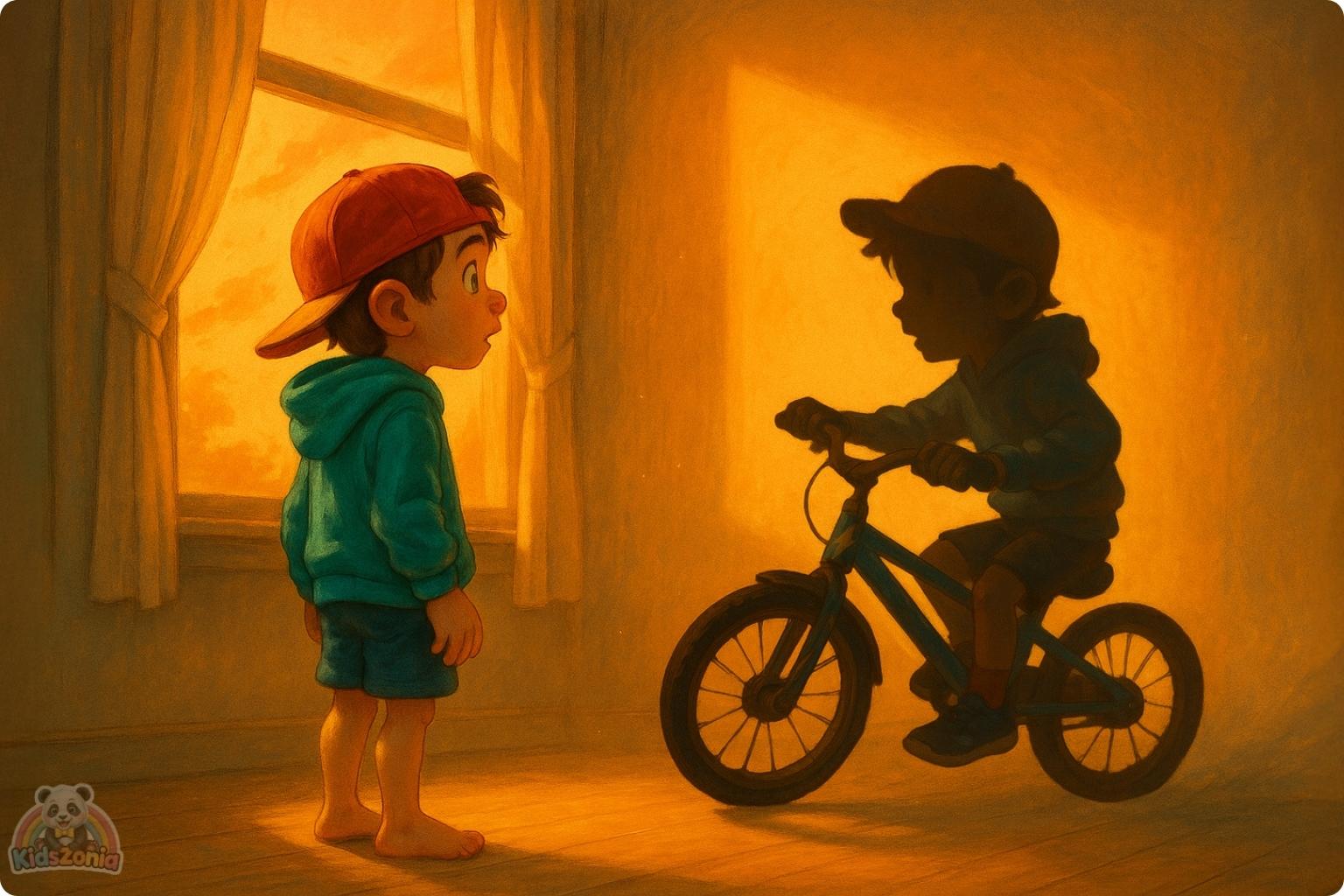 Milo riding his shiny red bicycle beside his smiling shadow in a sunny park, showing courage, resilience, self-belief, and trying again after falling.