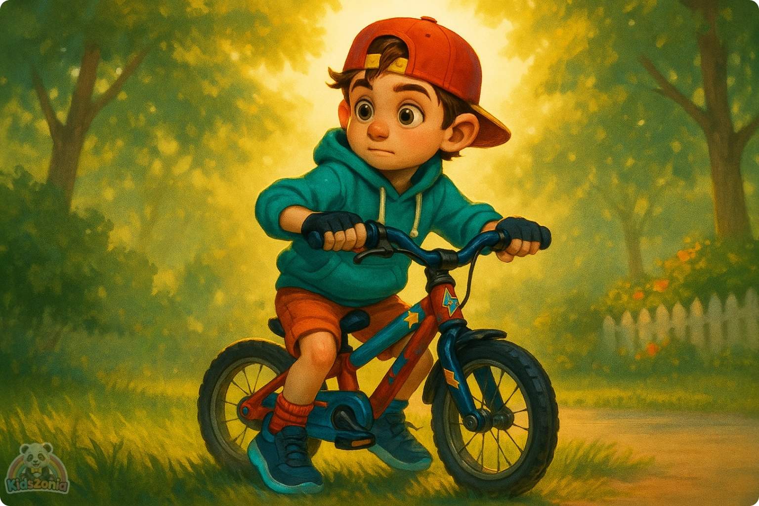 Milo riding his shiny red bicycle beside his smiling shadow in a sunny park, showing courage, resilience, self-belief, and trying again after falling.