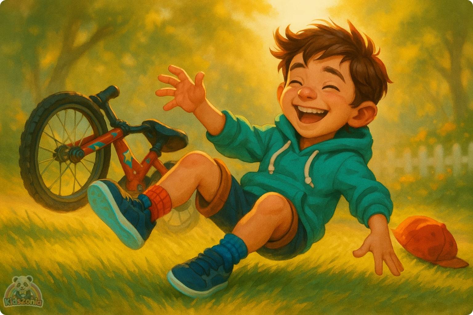 Milo riding his shiny red bicycle beside his smiling shadow in a sunny park, showing courage, resilience, self-belief, and trying again after falling.