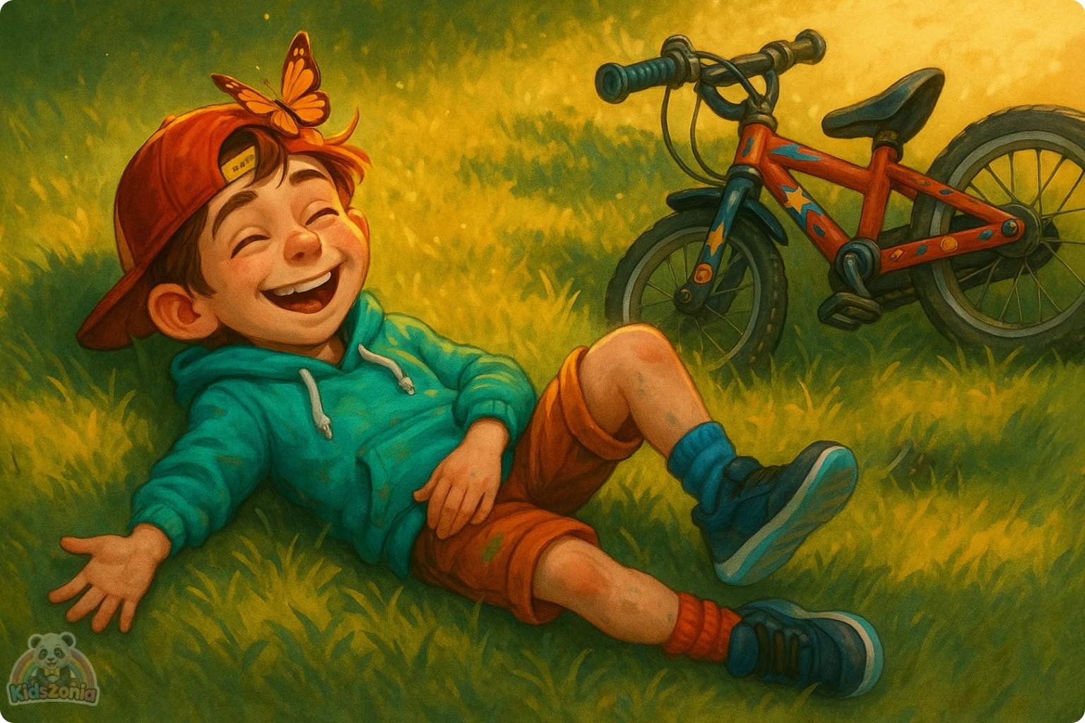 Milo riding his shiny red bicycle beside his smiling shadow in a sunny park, showing courage, resilience, self-belief, and trying again after falling.