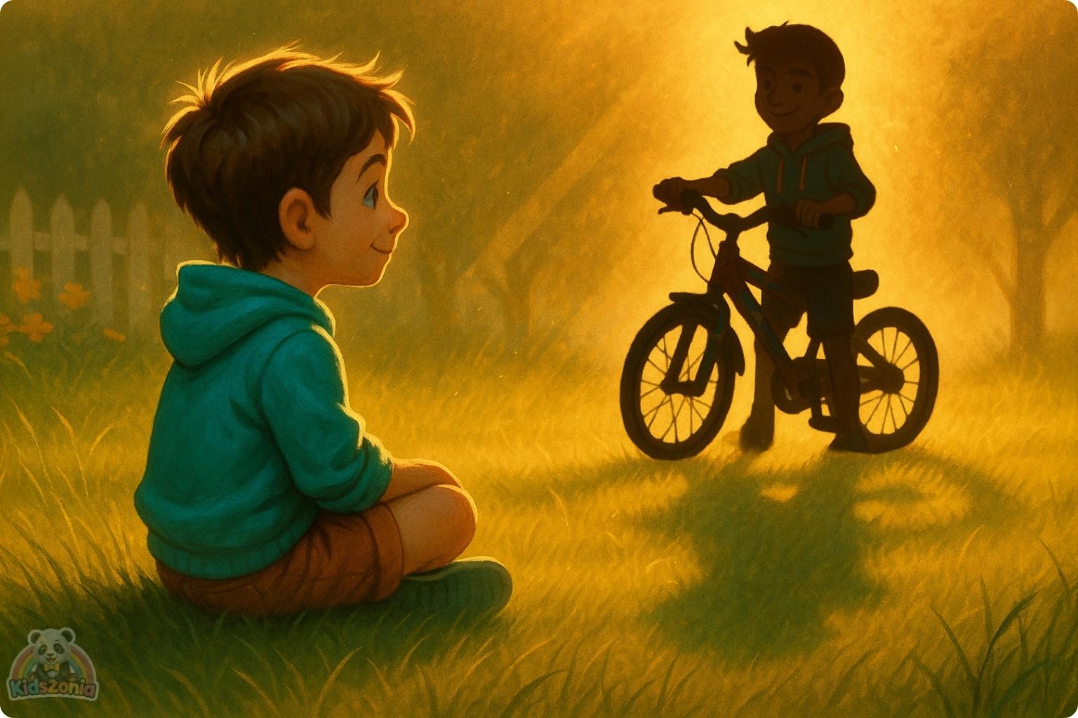 Milo riding his shiny red bicycle beside his smiling shadow in a sunny park, showing courage, resilience, self-belief, and trying again after falling.
