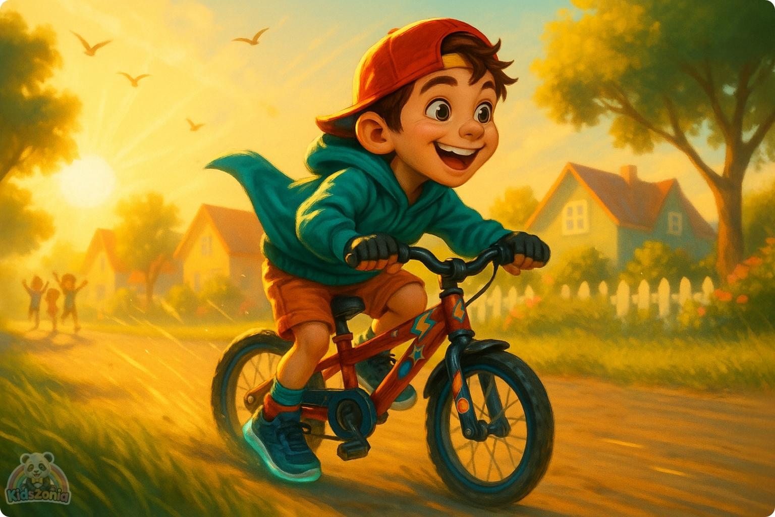 Milo riding his shiny red bicycle beside his smiling shadow in a sunny park, showing courage, resilience, self-belief, and trying again after falling.
