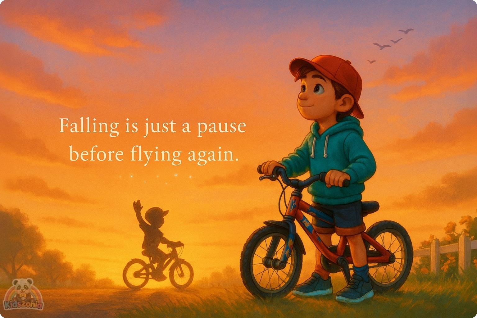 Milo riding his shiny red bicycle beside his smiling shadow in a sunny park, showing courage, resilience, self-belief, and trying again after falling.