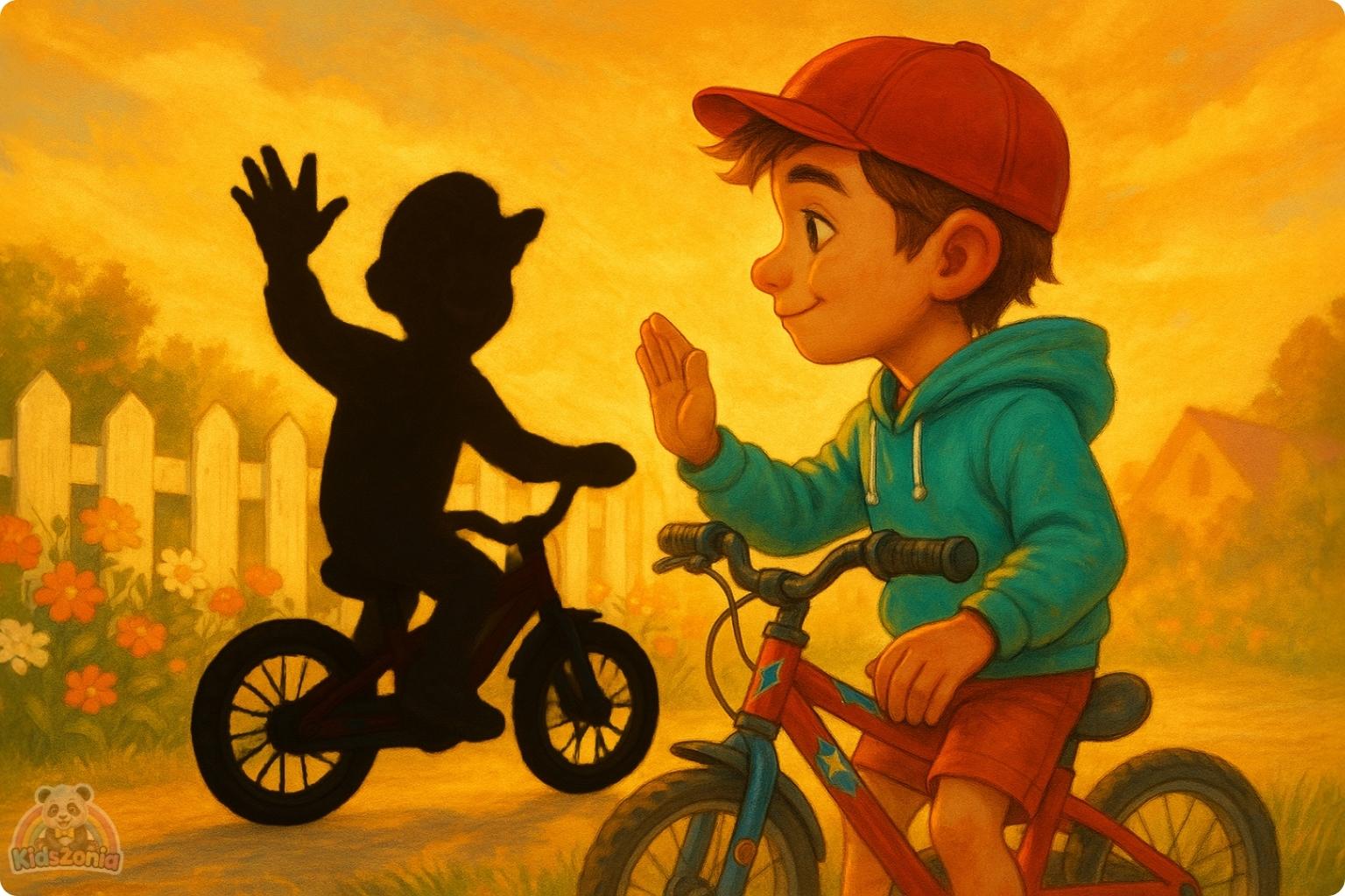 Milo riding his shiny red bicycle beside his smiling shadow in a sunny park, showing courage, resilience, self-belief, and trying again after falling.