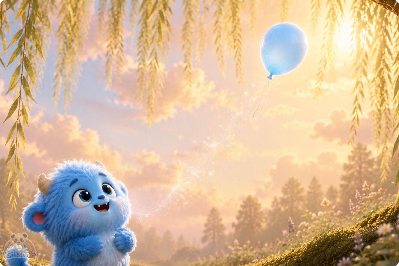 Milo the fluffy blue monster gently releasing a gray sadness balloon under the Great Willow Tree, showing emotional regulation, calm breathing, sadness, and self-soothing.
