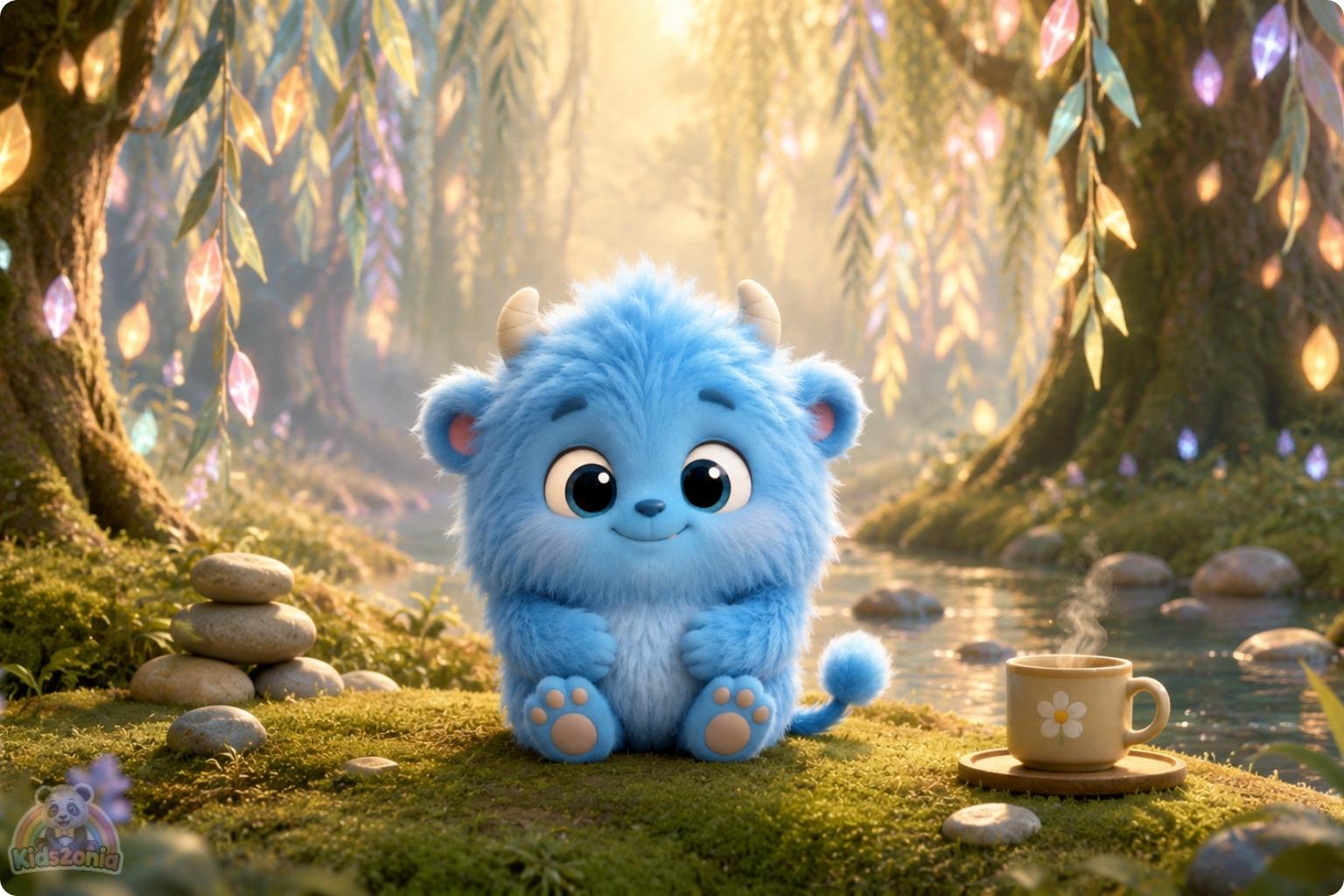 Milo the fluffy blue monster gently releasing a gray sadness balloon under the Great Willow Tree, showing emotional regulation, calm breathing, sadness, and self-soothing.