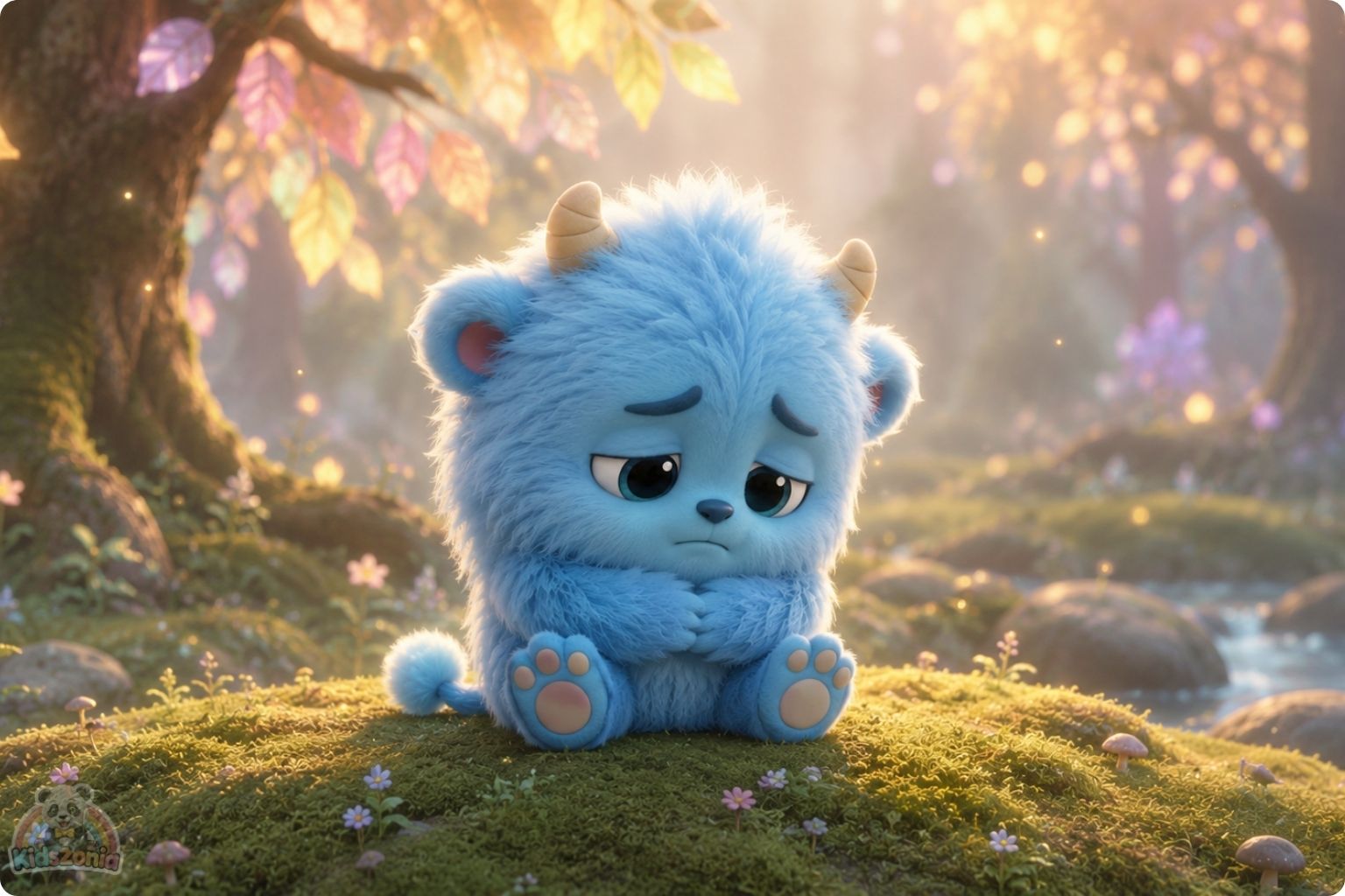Milo the fluffy blue monster gently releasing a gray sadness balloon under the Great Willow Tree, showing emotional regulation, calm breathing, sadness, and self-soothing.