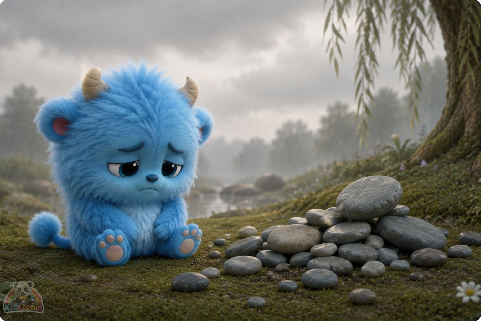Milo the fluffy blue monster gently releasing a gray sadness balloon under the Great Willow Tree, showing emotional regulation, calm breathing, sadness, and self-soothing.