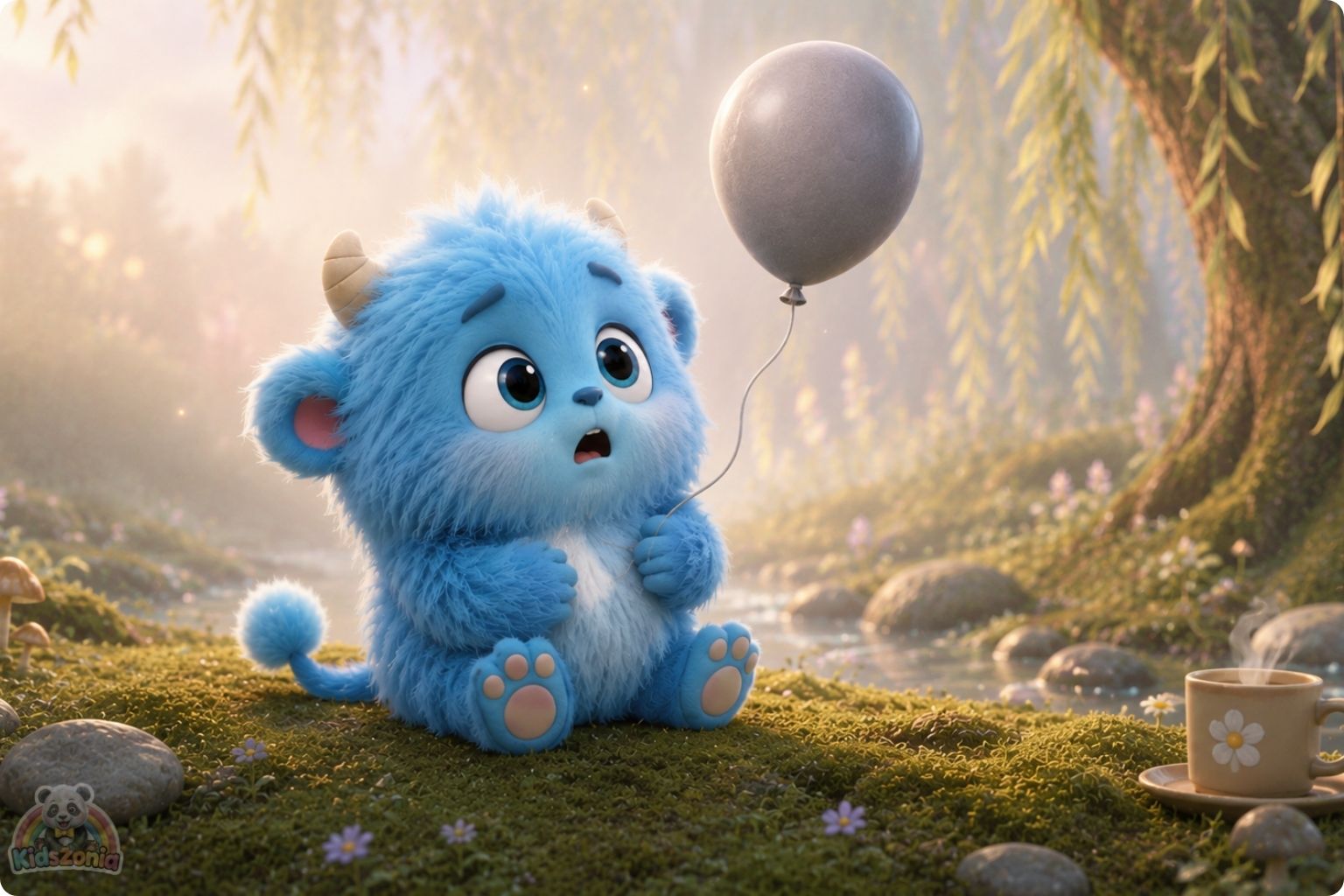 Milo the fluffy blue monster gently releasing a gray sadness balloon under the Great Willow Tree, showing emotional regulation, calm breathing, sadness, and self-soothing.