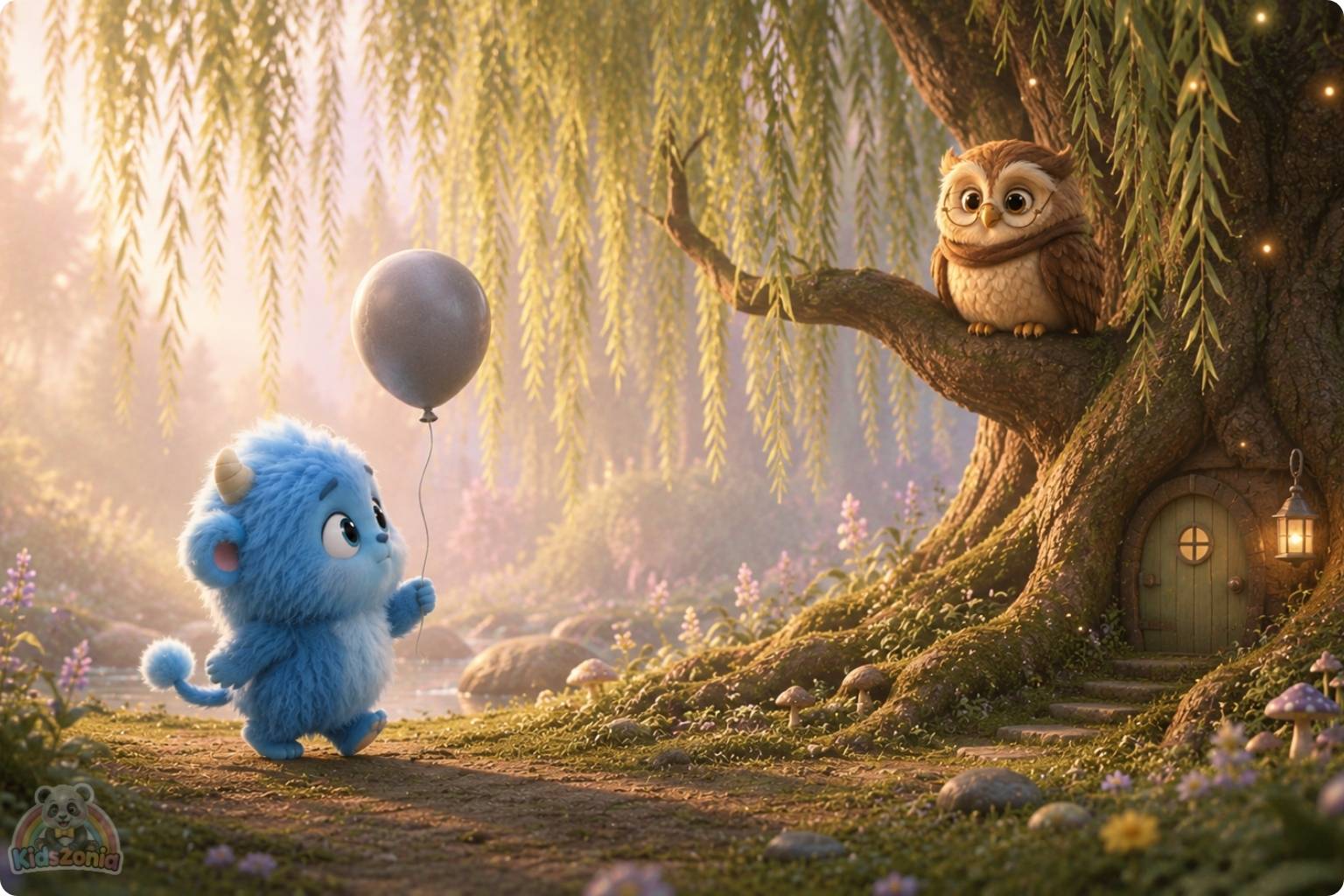 Milo the fluffy blue monster gently releasing a gray sadness balloon under the Great Willow Tree, showing emotional regulation, calm breathing, sadness, and self-soothing.