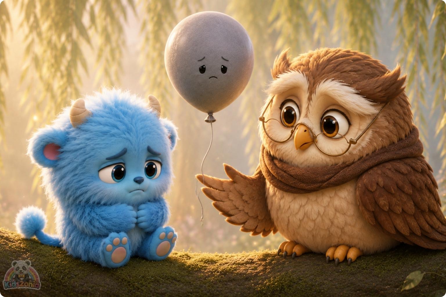 Milo the fluffy blue monster gently releasing a gray sadness balloon under the Great Willow Tree, showing emotional regulation, calm breathing, sadness, and self-soothing.