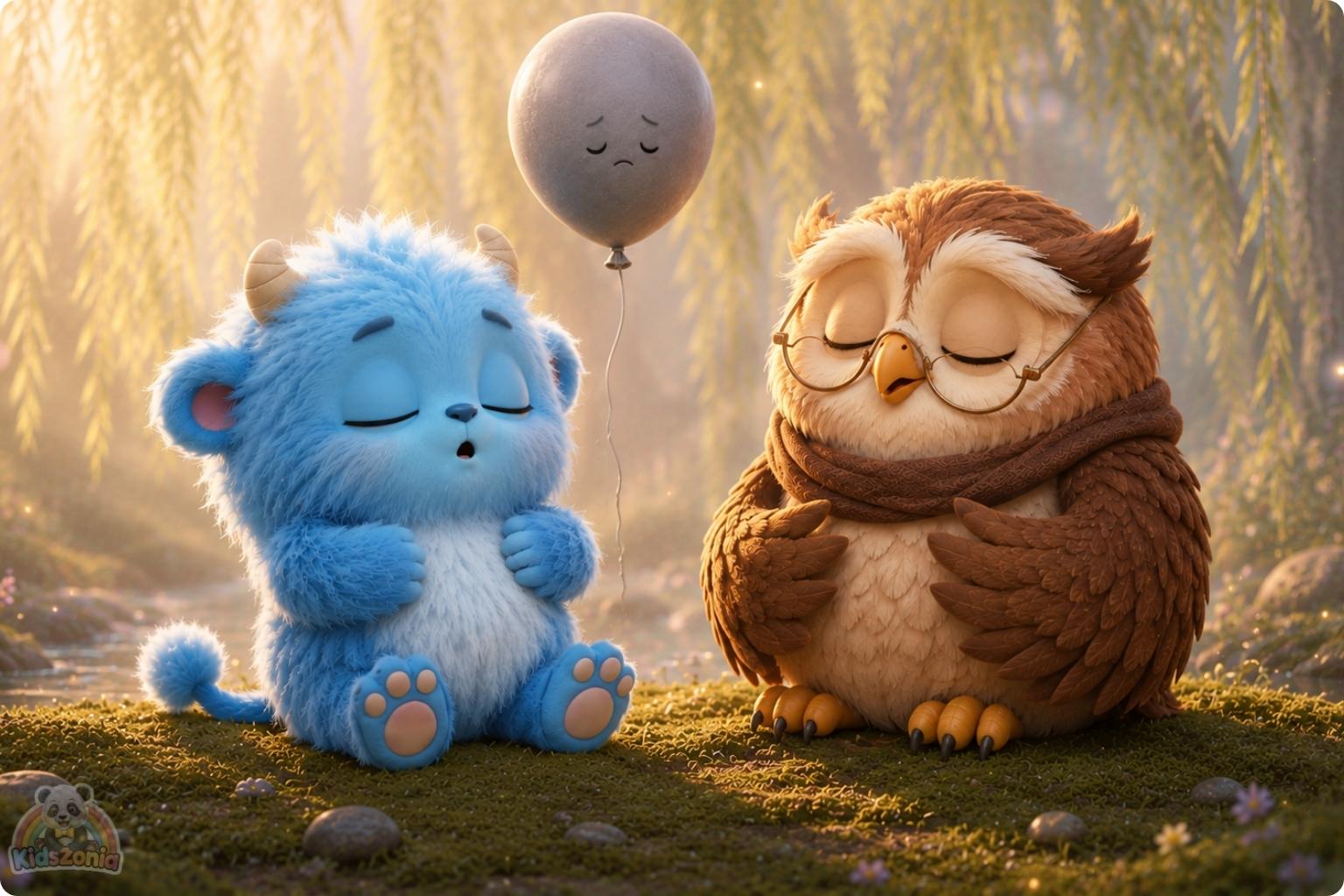 Milo the fluffy blue monster gently releasing a gray sadness balloon under the Great Willow Tree, showing emotional regulation, calm breathing, sadness, and self-soothing.