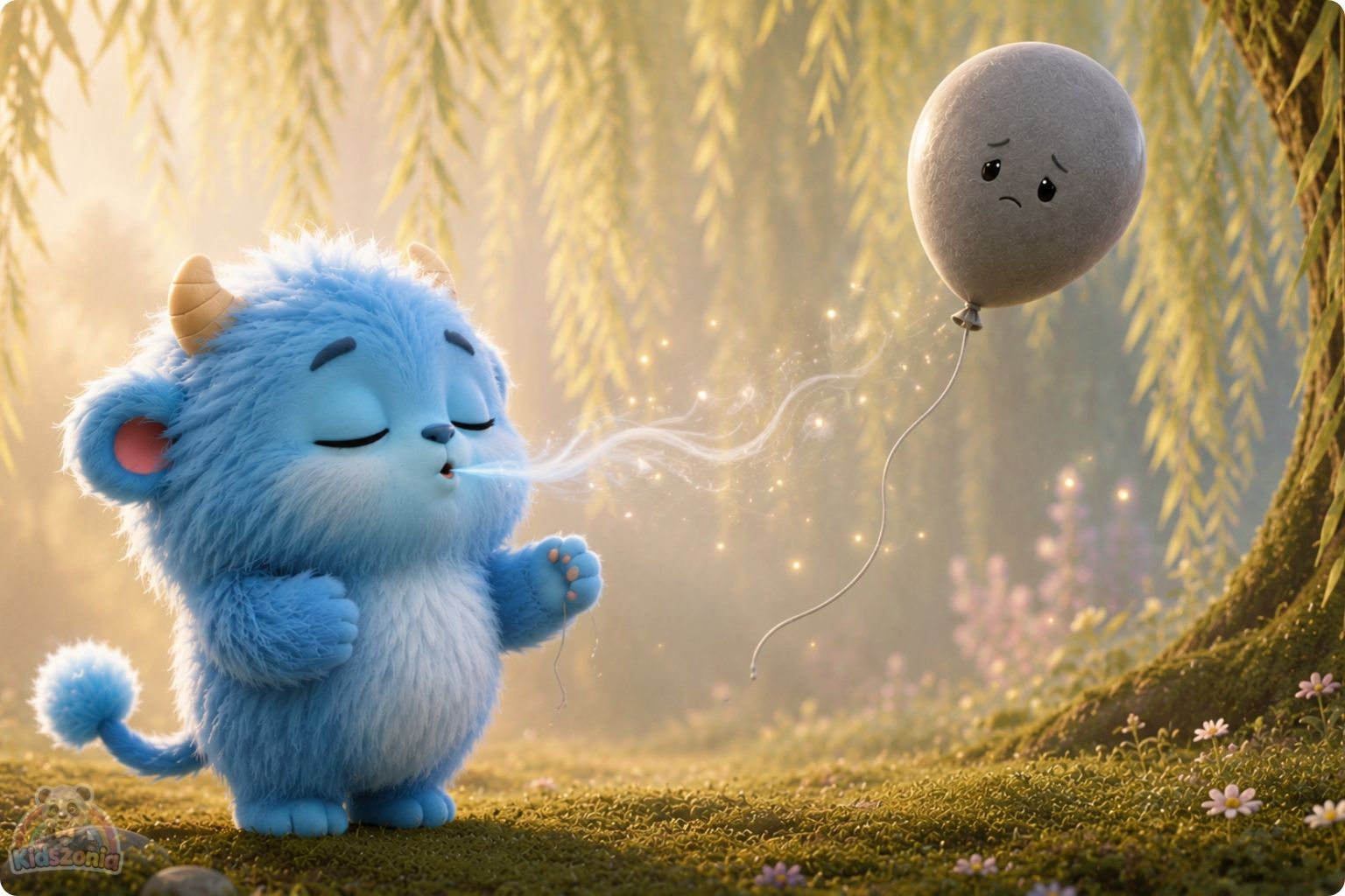 Milo the fluffy blue monster gently releasing a gray sadness balloon under the Great Willow Tree, showing emotional regulation, calm breathing, sadness, and self-soothing.