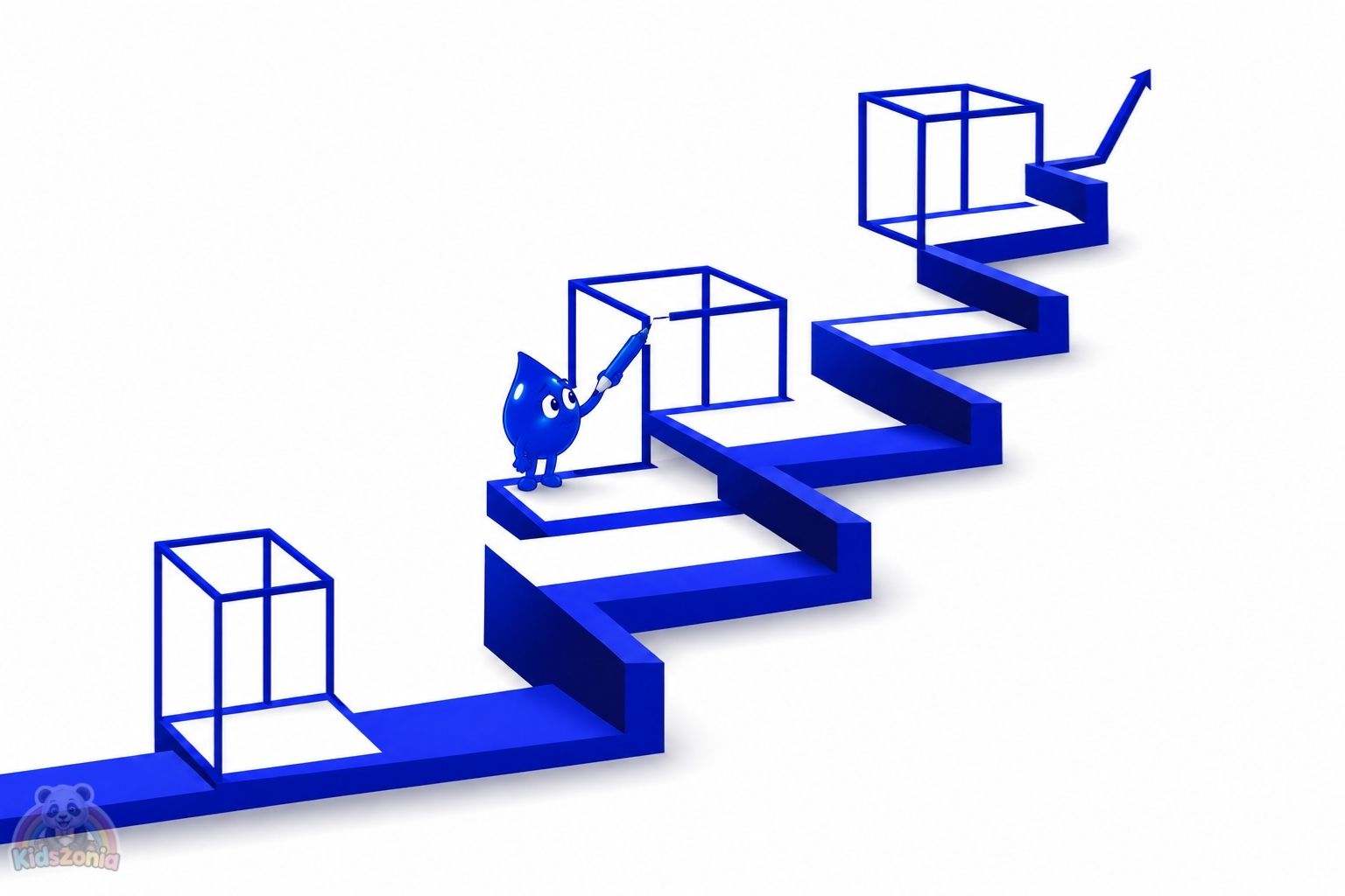 Inkley the blue ink drop turning a jagged zigzag mistake into a creative treehouse design, showing resilience, imagination, and creativity.