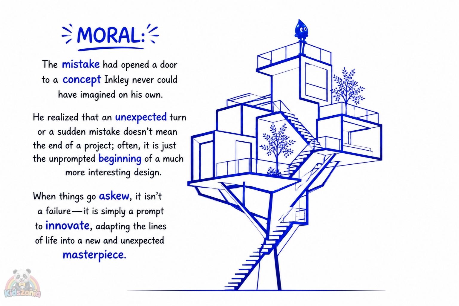 Inkley the blue ink drop turning a jagged zigzag mistake into a creative treehouse design, showing resilience, imagination, and creativity.