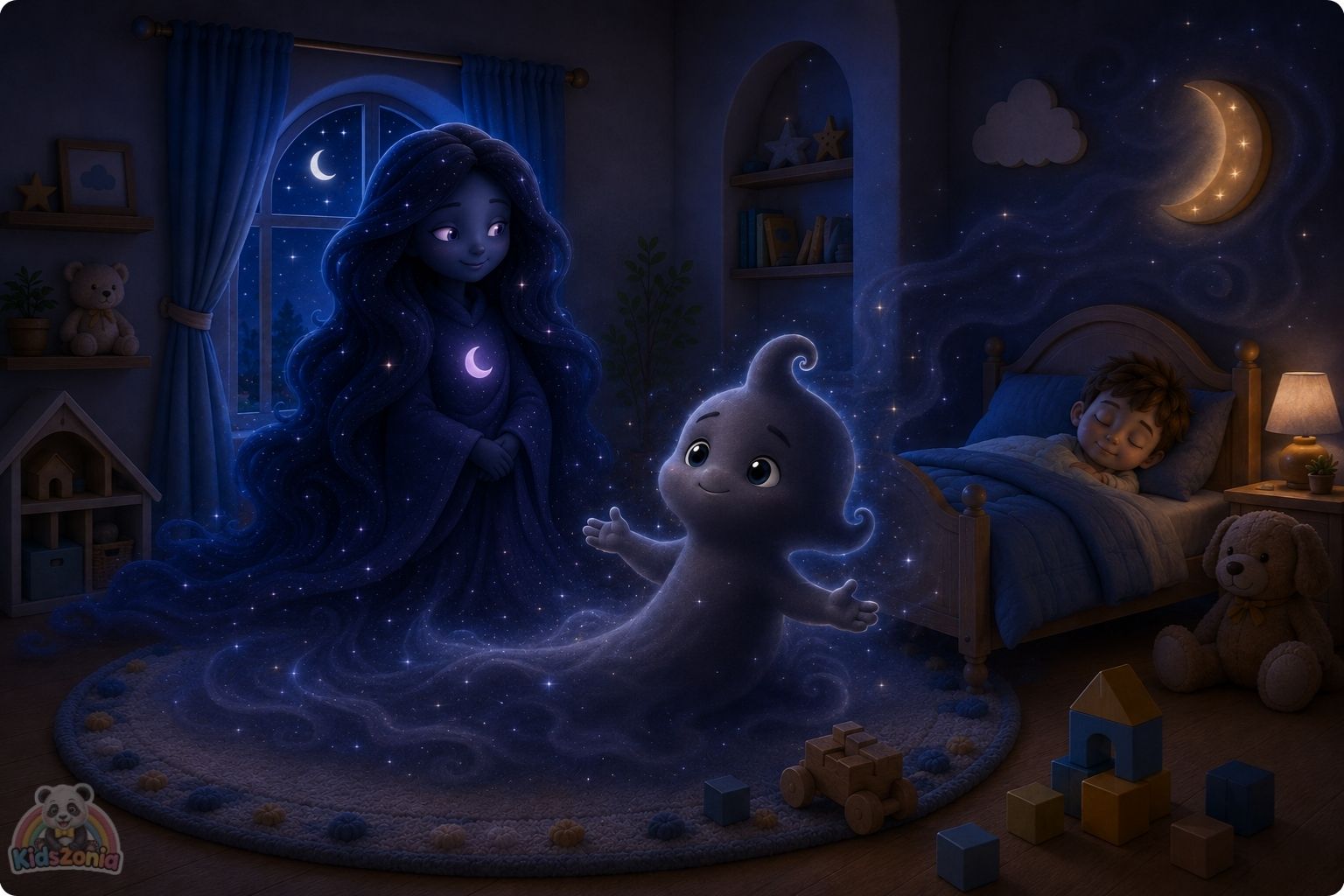Shade the little shadow standing beside Barnaby in a cozy nursery at night, learning that the dark can be calm, safe, and peaceful.