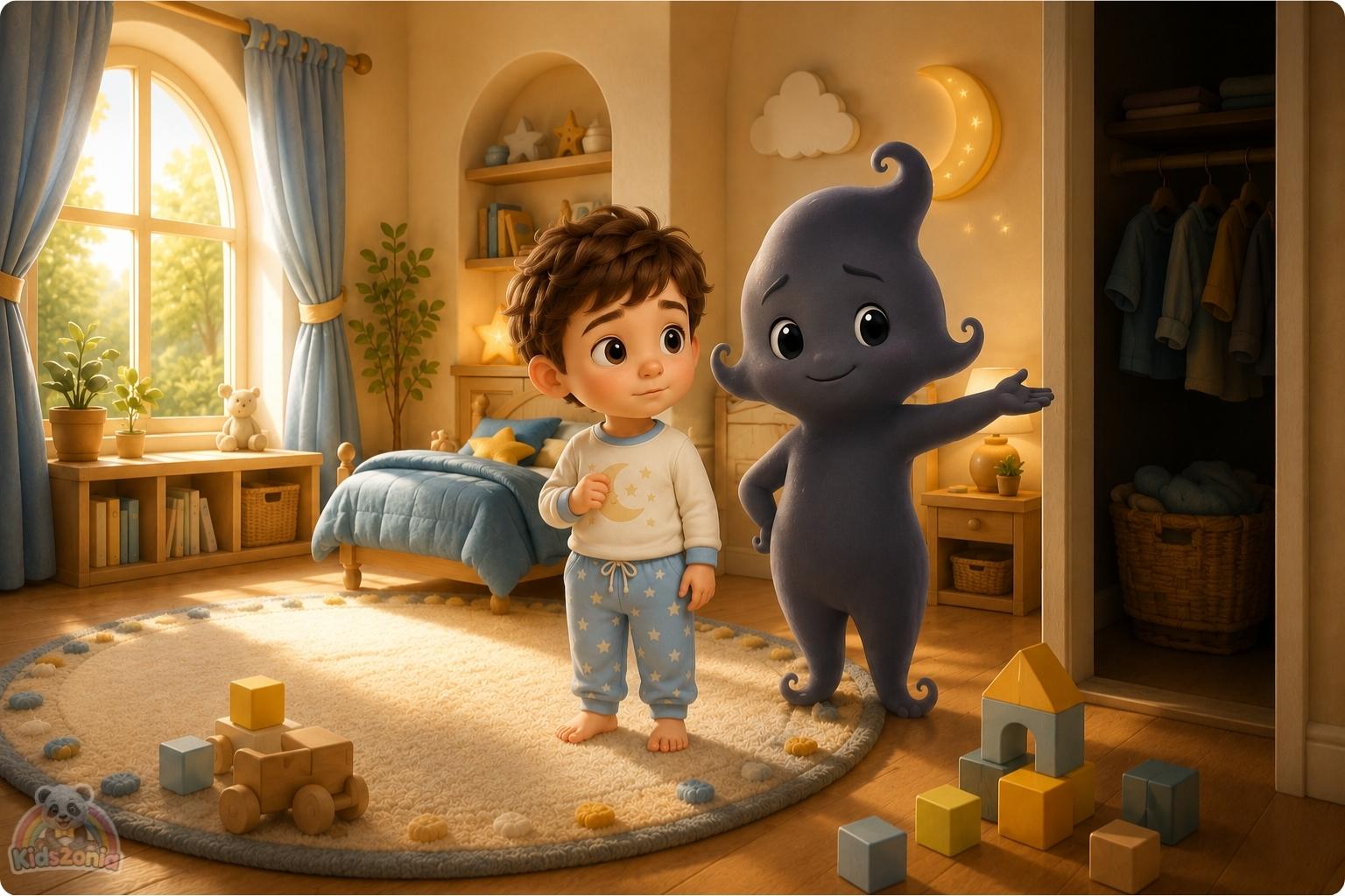 Shade the little shadow standing beside Barnaby in a cozy nursery at night, learning that the dark can be calm, safe, and peaceful.