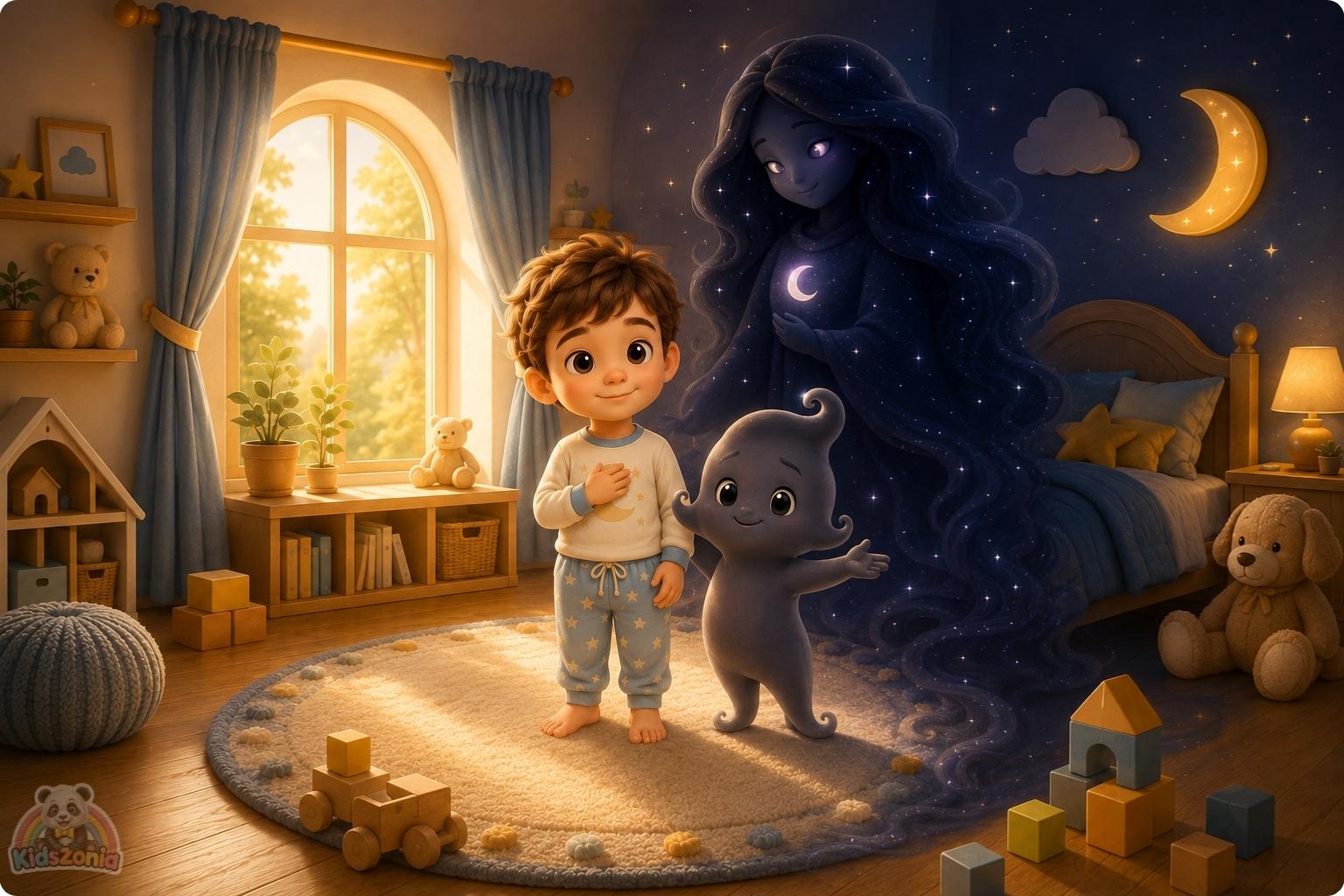 Shade the little shadow standing beside Barnaby in a cozy nursery at night, learning that the dark can be calm, safe, and peaceful.