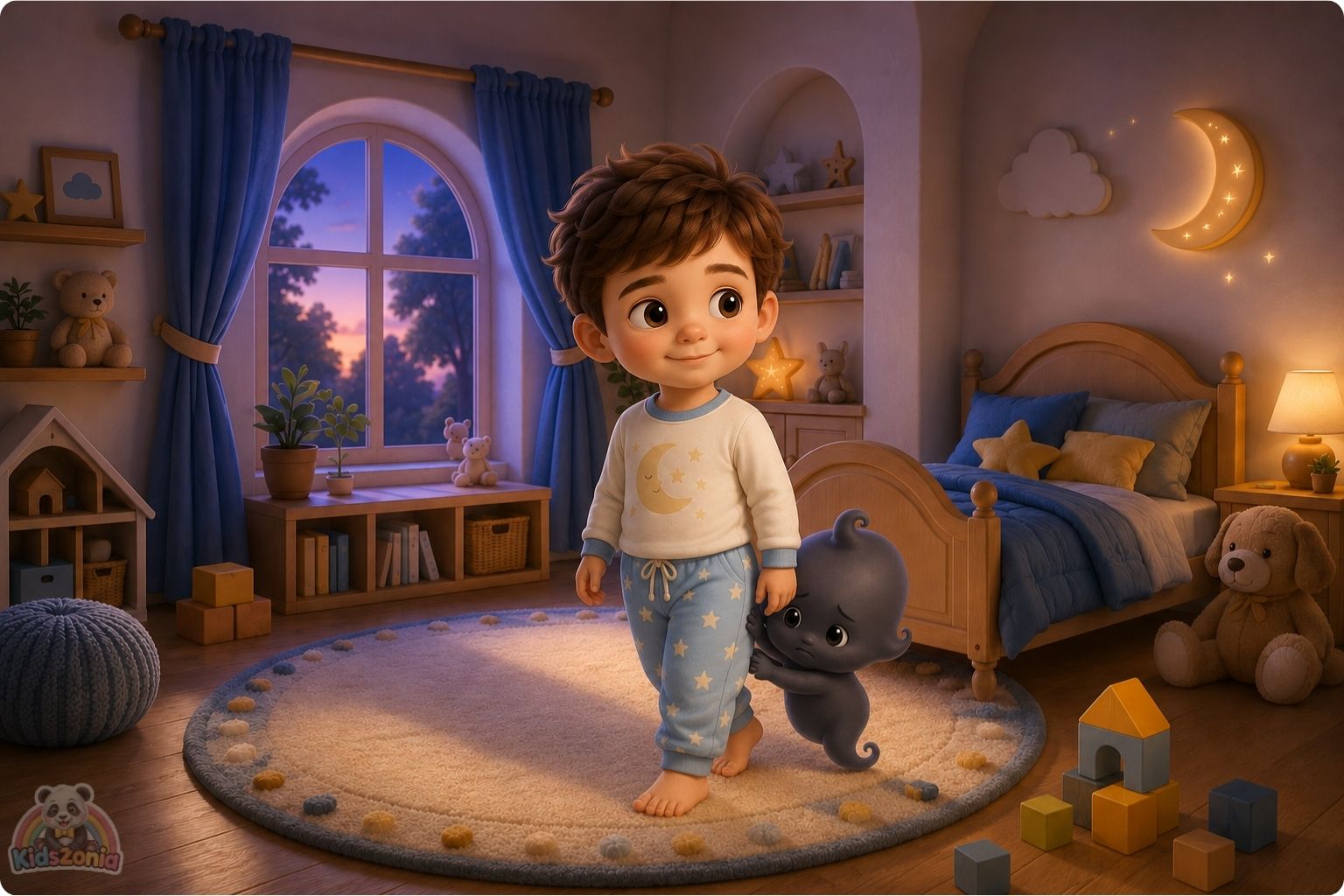 Shade the little shadow standing beside Barnaby in a cozy nursery at night, learning that the dark can be calm, safe, and peaceful.