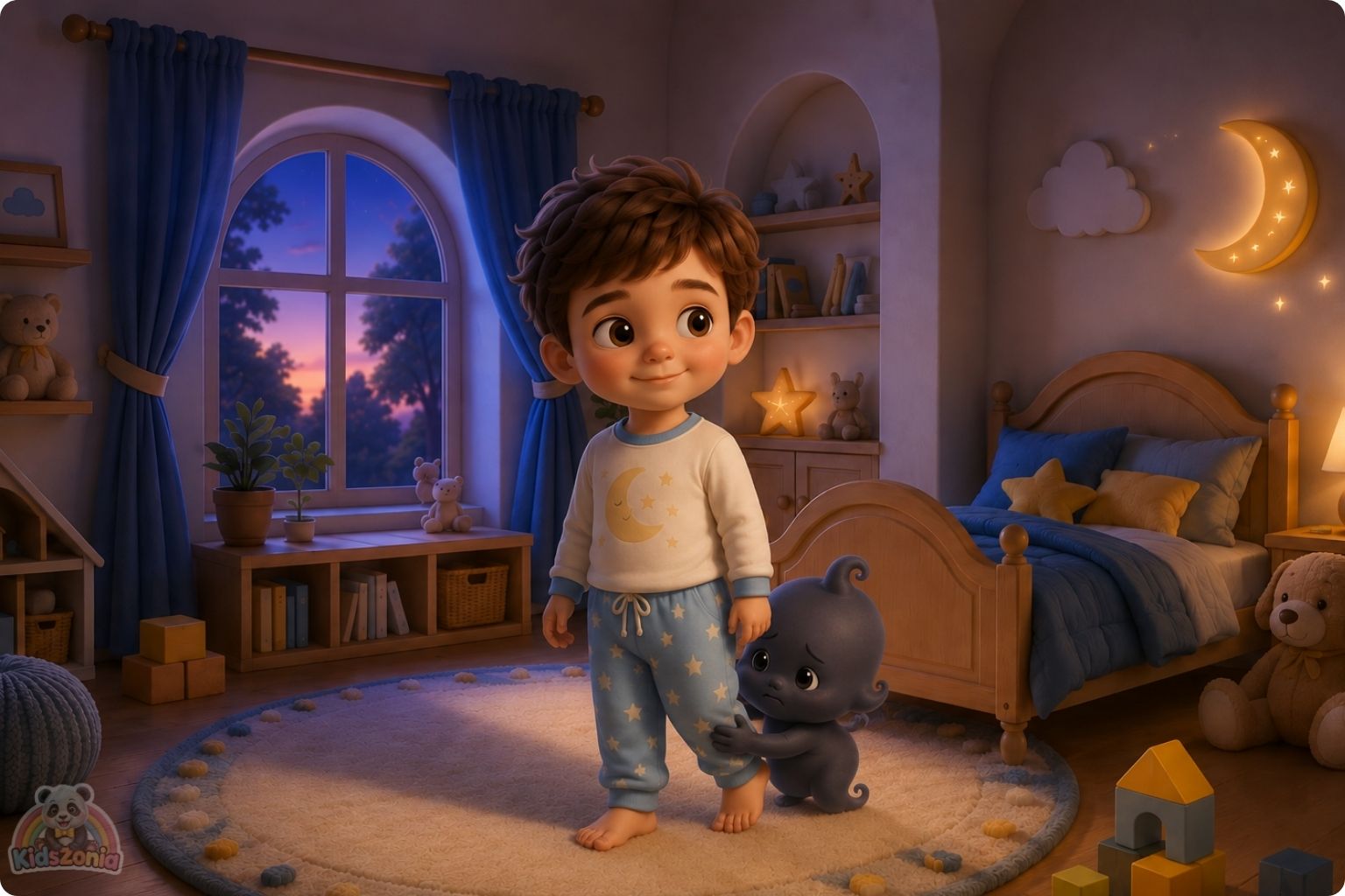 Shade the little shadow standing beside Barnaby in a cozy nursery at night, learning that the dark can be calm, safe, and peaceful.