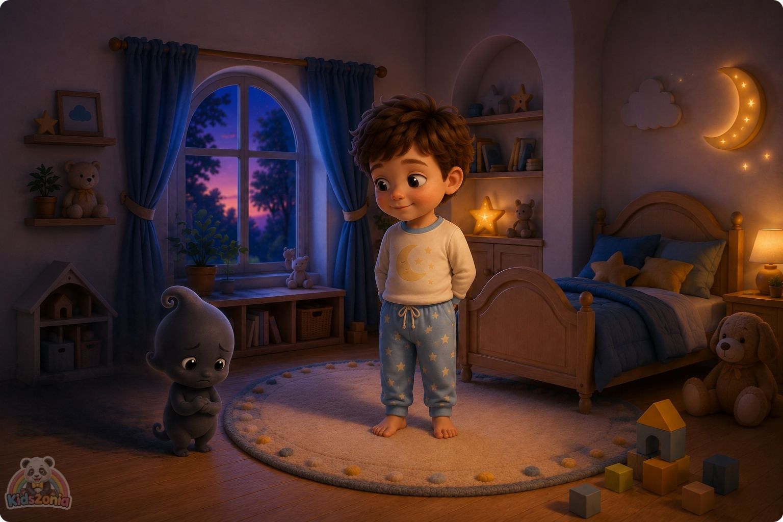 Shade the little shadow standing beside Barnaby in a cozy nursery at night, learning that the dark can be calm, safe, and peaceful.