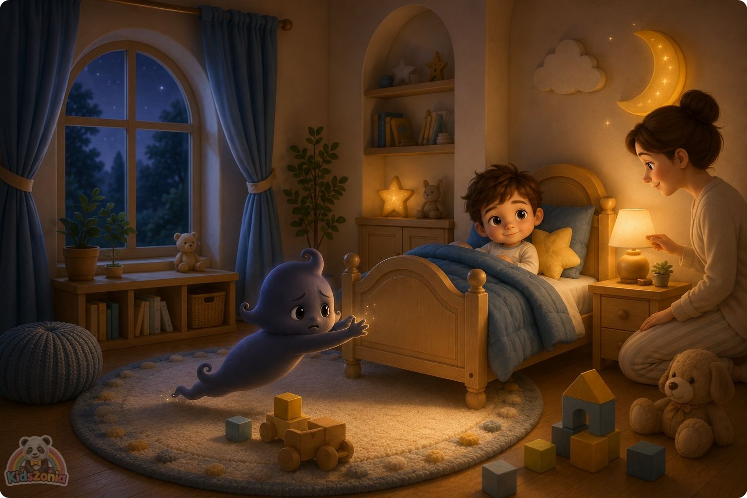 Shade the little shadow standing beside Barnaby in a cozy nursery at night, learning that the dark can be calm, safe, and peaceful.