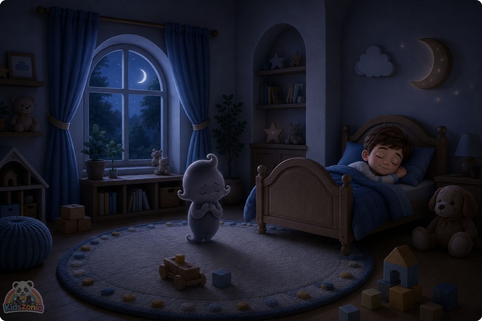 Shade the little shadow standing beside Barnaby in a cozy nursery at night, learning that the dark can be calm, safe, and peaceful.