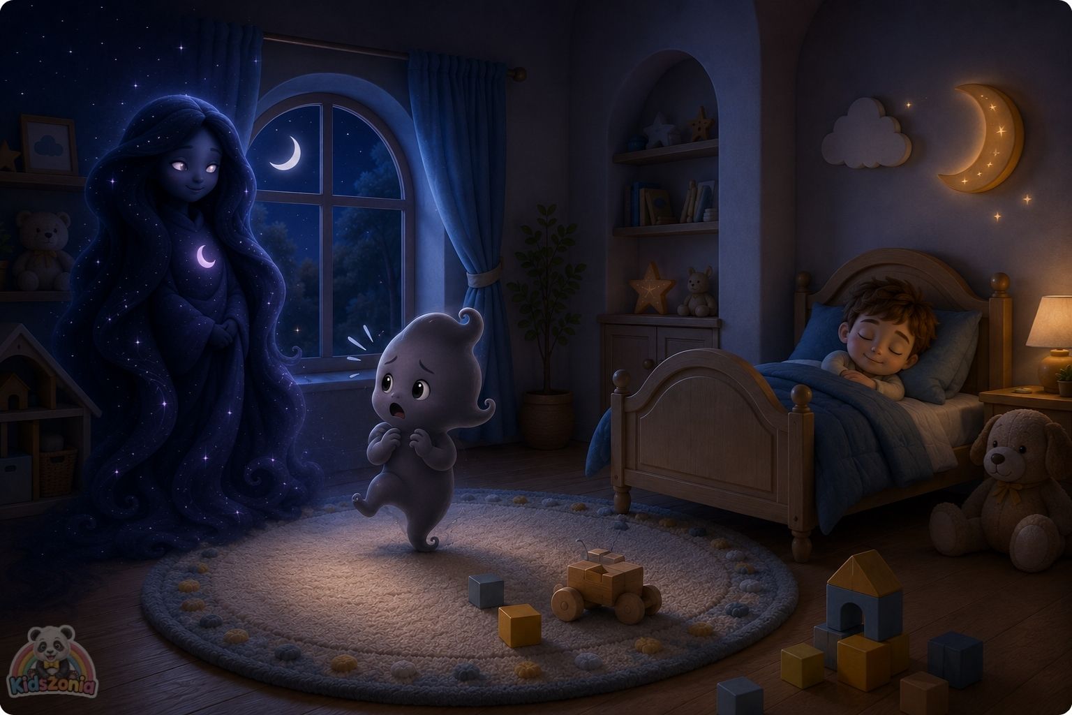 Shade the little shadow standing beside Barnaby in a cozy nursery at night, learning that the dark can be calm, safe, and peaceful.