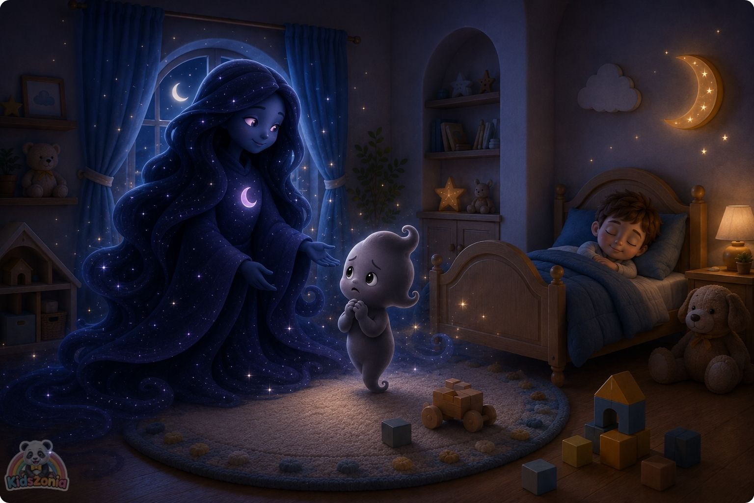 Shade the little shadow standing beside Barnaby in a cozy nursery at night, learning that the dark can be calm, safe, and peaceful.