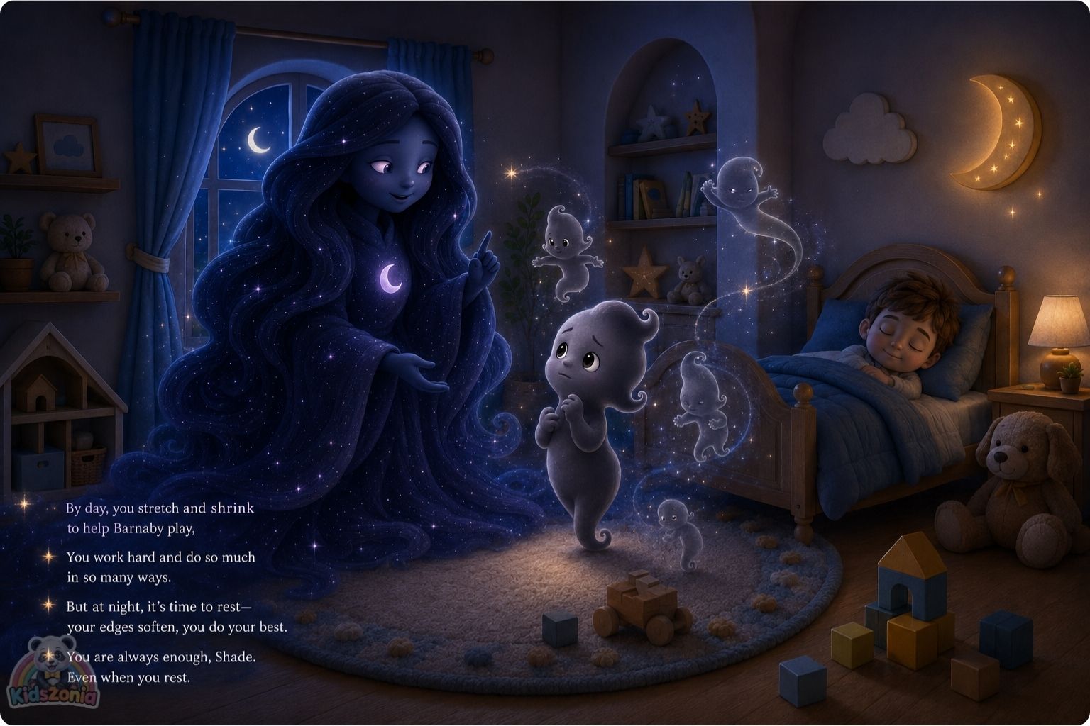 Shade the little shadow standing beside Barnaby in a cozy nursery at night, learning that the dark can be calm, safe, and peaceful.