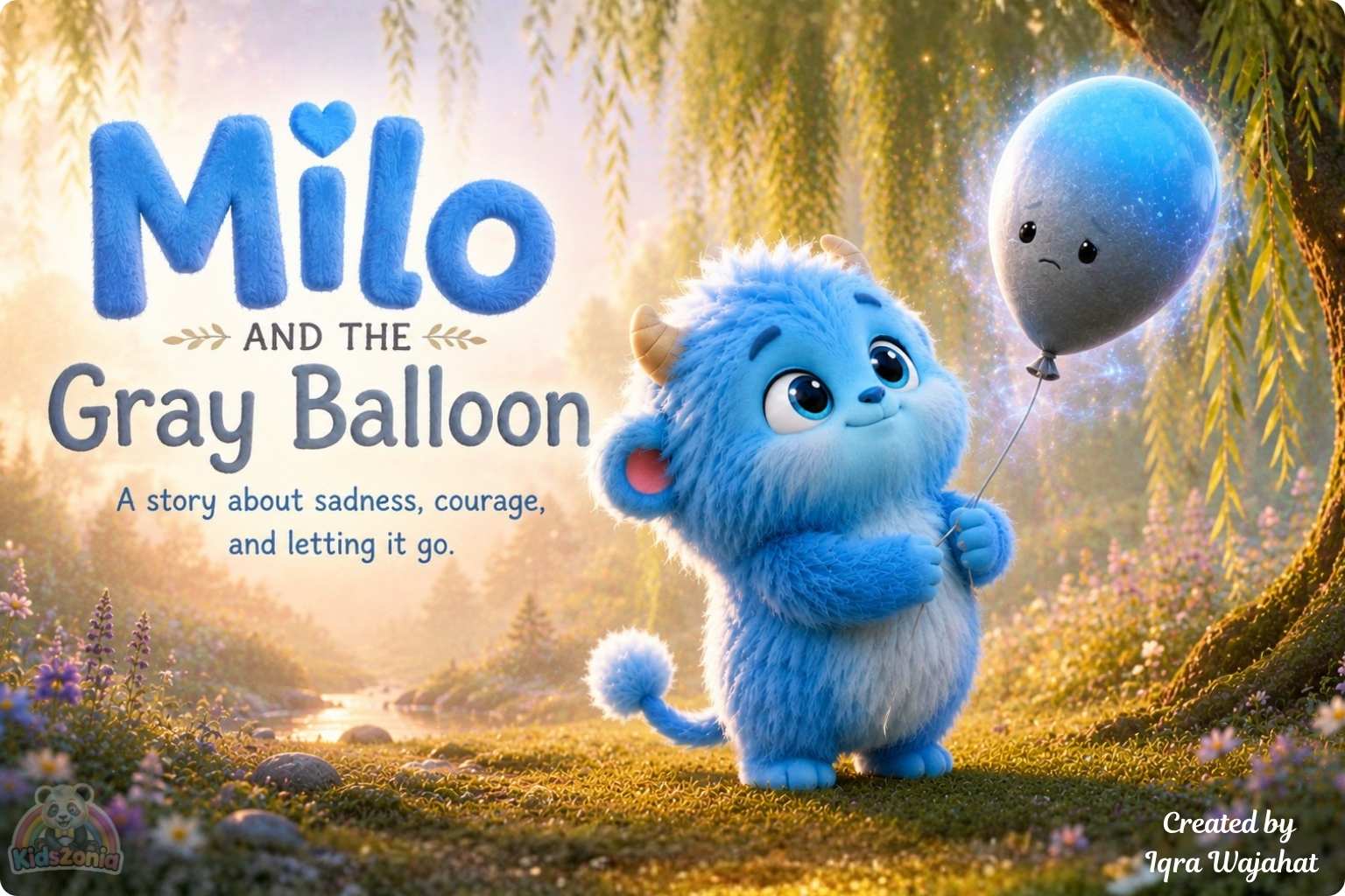 Milo the fluffy blue monster gently releasing a gray sadness balloon under the Great Willow Tree, showing emotional regulation, calm breathing, sadness, and self-soothing.