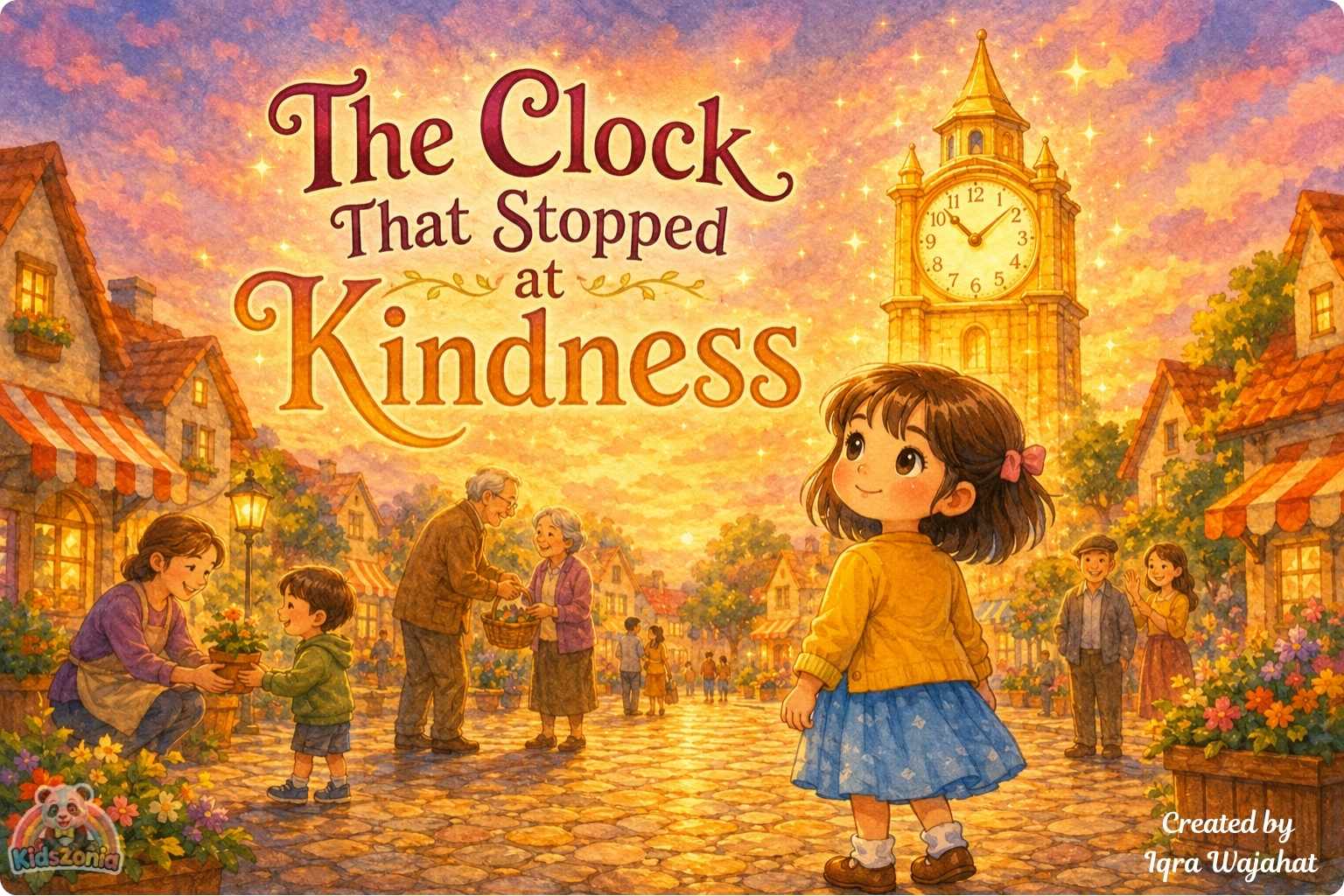 Lina helping people in Silverbell as the golden kindness clock tower begins ticking again, showing kindness, empathy, community care, and positive change.