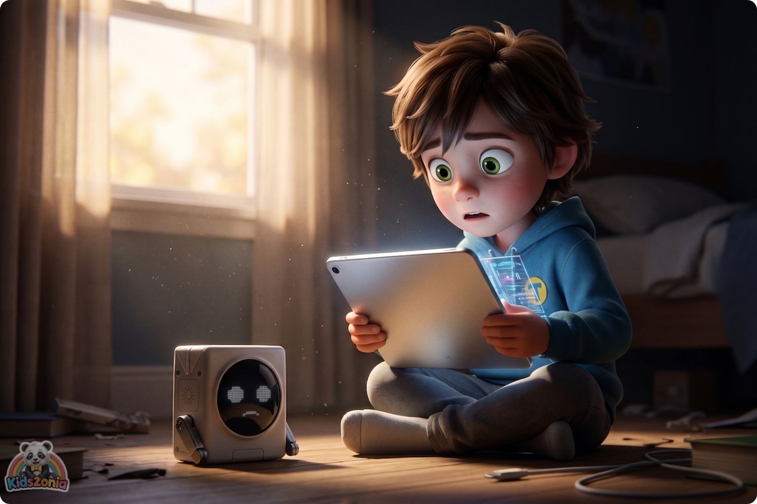 Toby holding a glowing pocket robot in the backyard while exploring nature, blocks, plants, and beetles, showing screen-time balance, creativity, and real-world adventure.