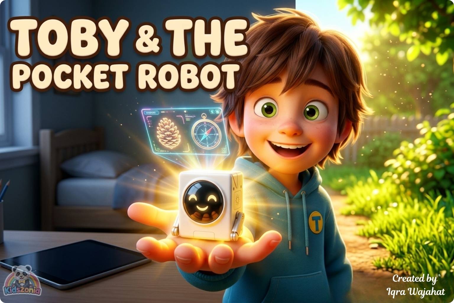 Toby holding a glowing pocket robot in the backyard while exploring nature, blocks, plants, and beetles, showing screen-time balance, creativity, and real-world adventure.