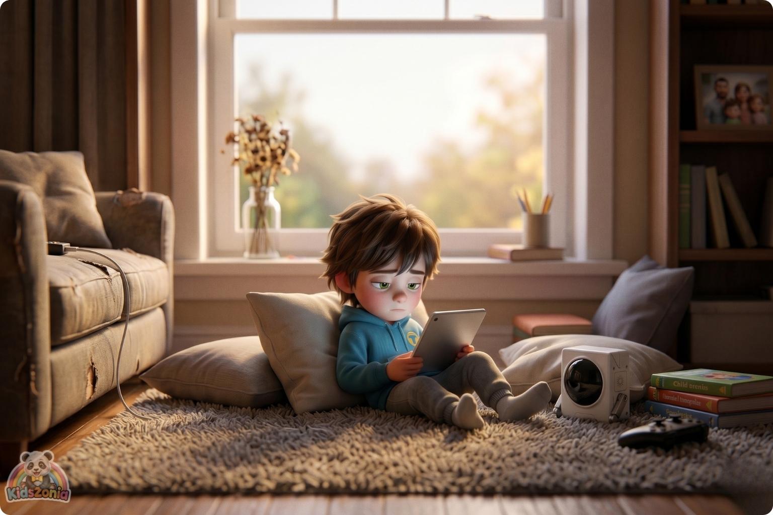 Toby holding a glowing pocket robot in the backyard while exploring nature, blocks, plants, and beetles, showing screen-time balance, creativity, and real-world adventure.