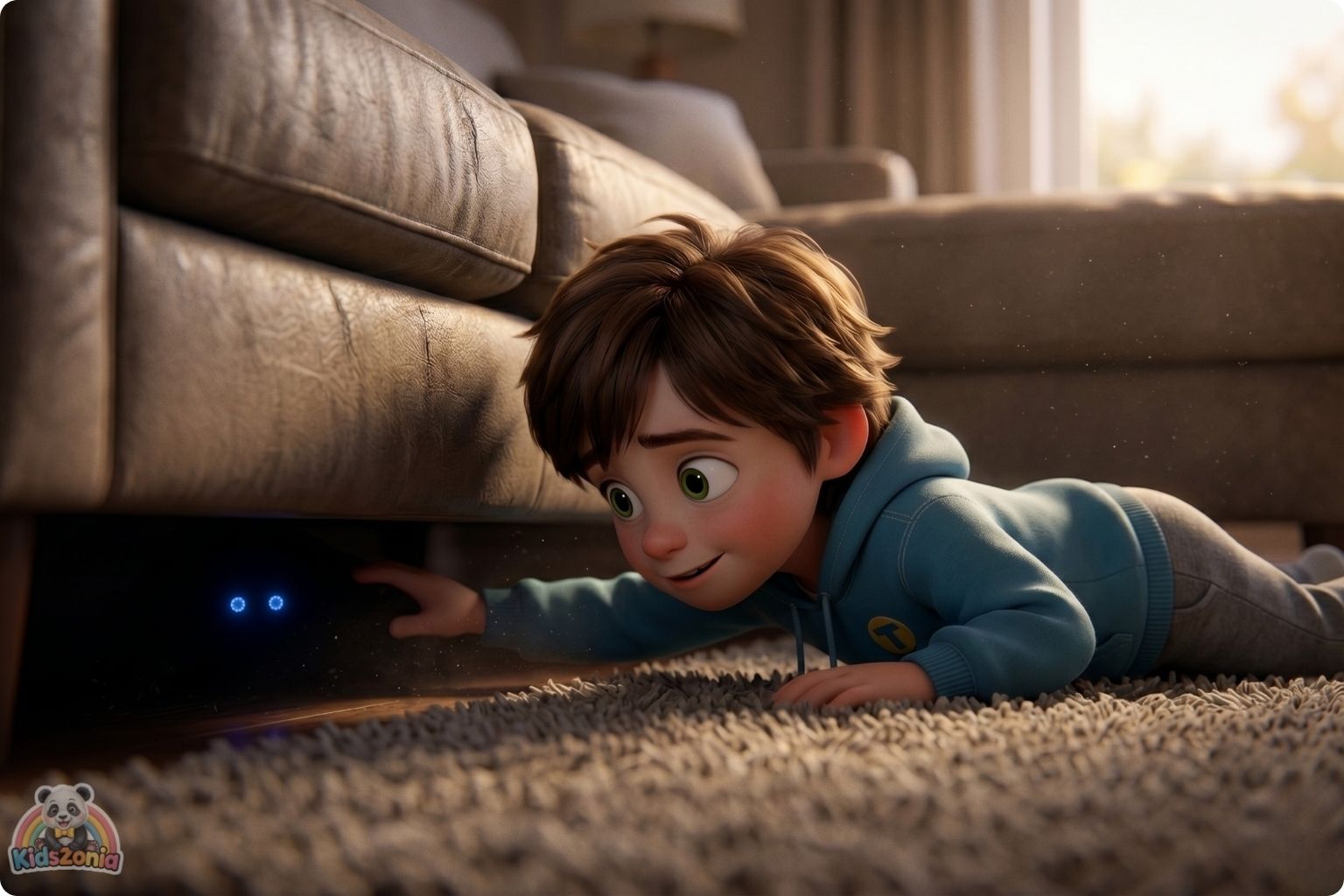 Toby holding a glowing pocket robot in the backyard while exploring nature, blocks, plants, and beetles, showing screen-time balance, creativity, and real-world adventure.
