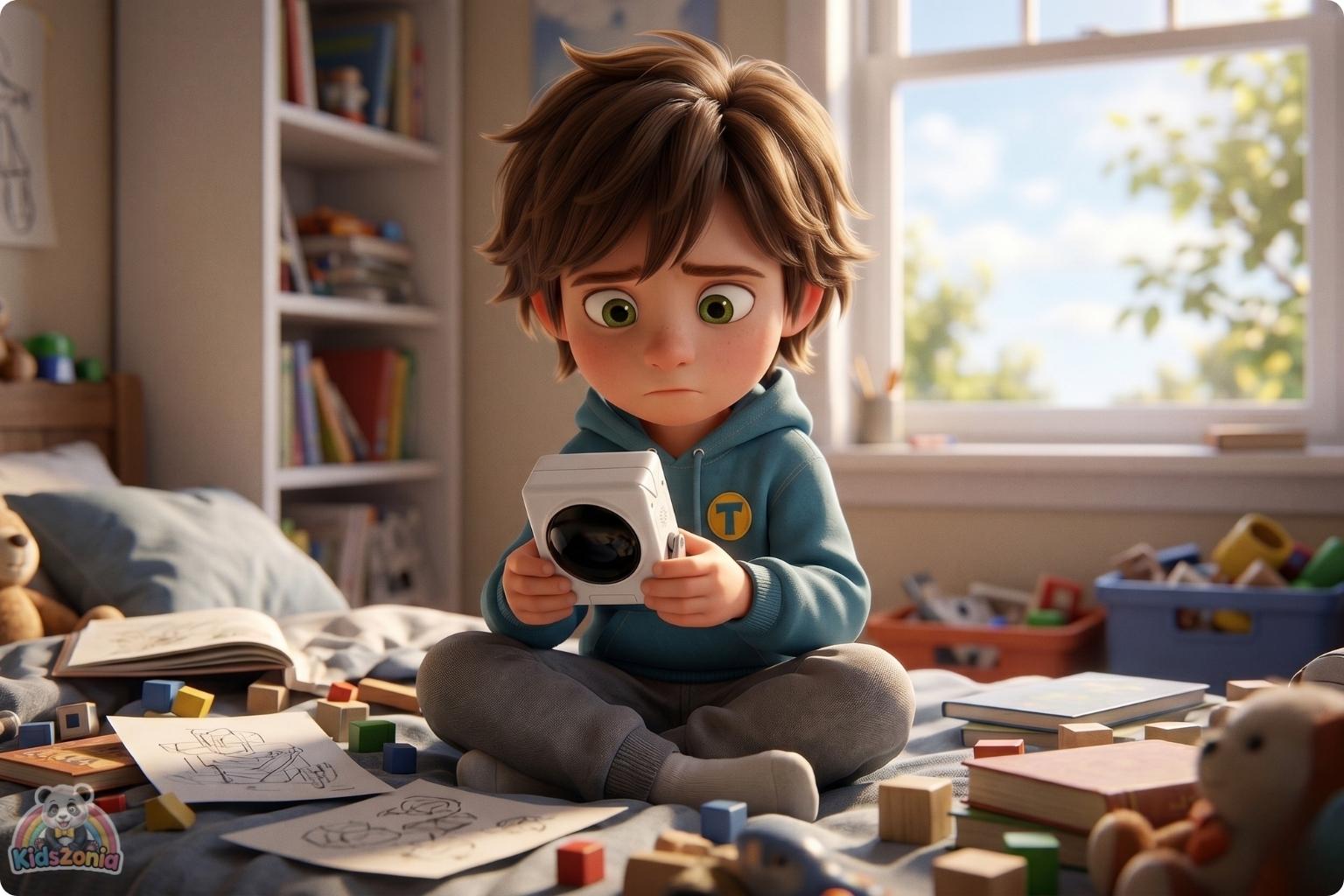 Toby holding a glowing pocket robot in the backyard while exploring nature, blocks, plants, and beetles, showing screen-time balance, creativity, and real-world adventure.