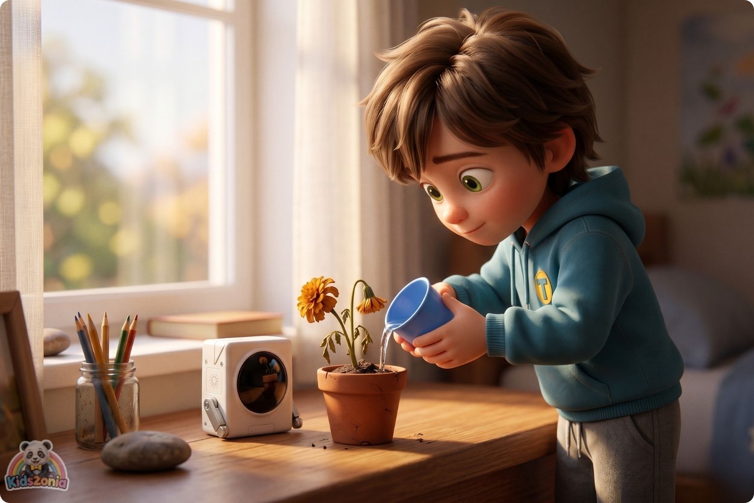 Toby holding a glowing pocket robot in the backyard while exploring nature, blocks, plants, and beetles, showing screen-time balance, creativity, and real-world adventure.