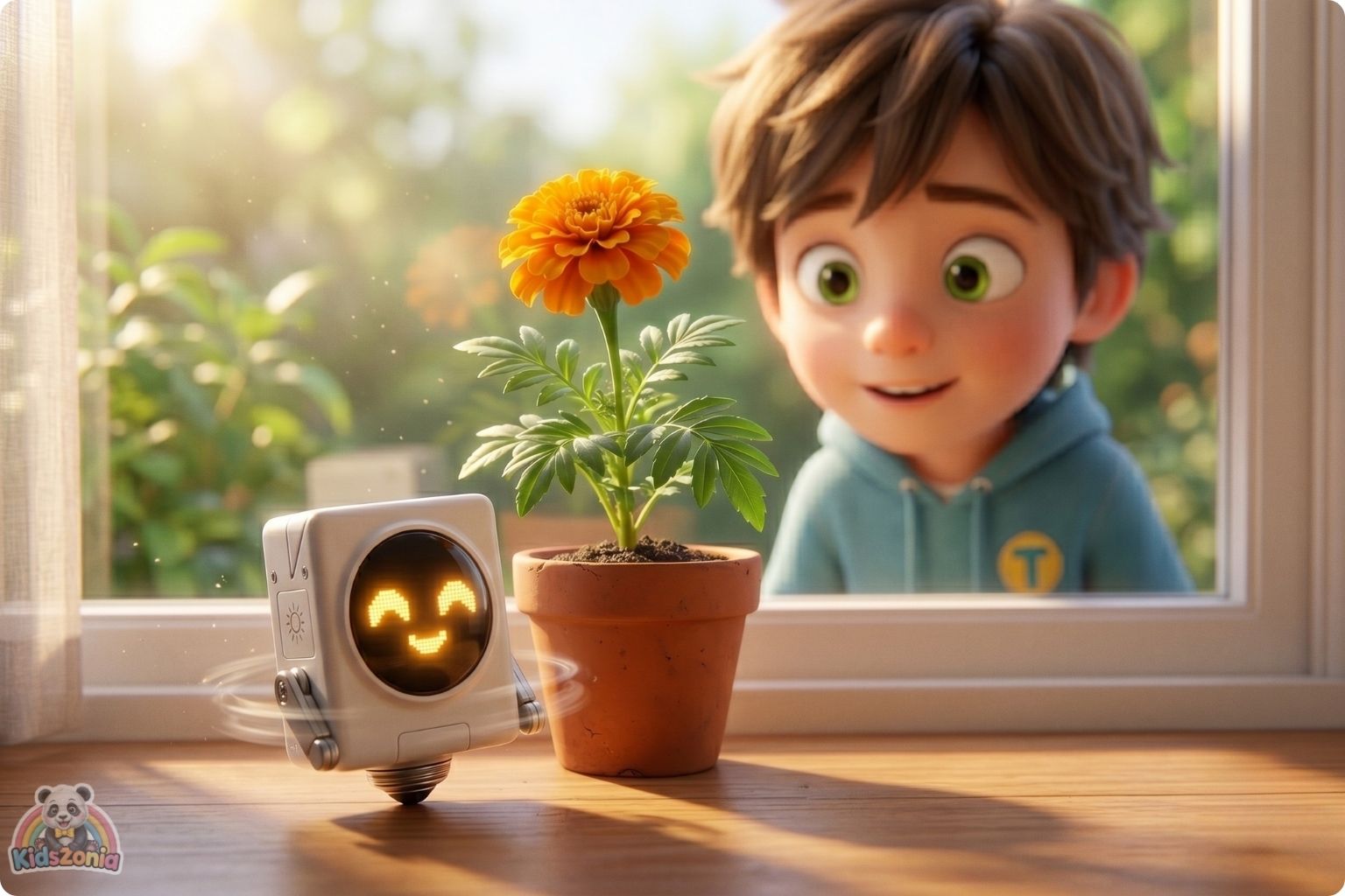 Toby holding a glowing pocket robot in the backyard while exploring nature, blocks, plants, and beetles, showing screen-time balance, creativity, and real-world adventure.