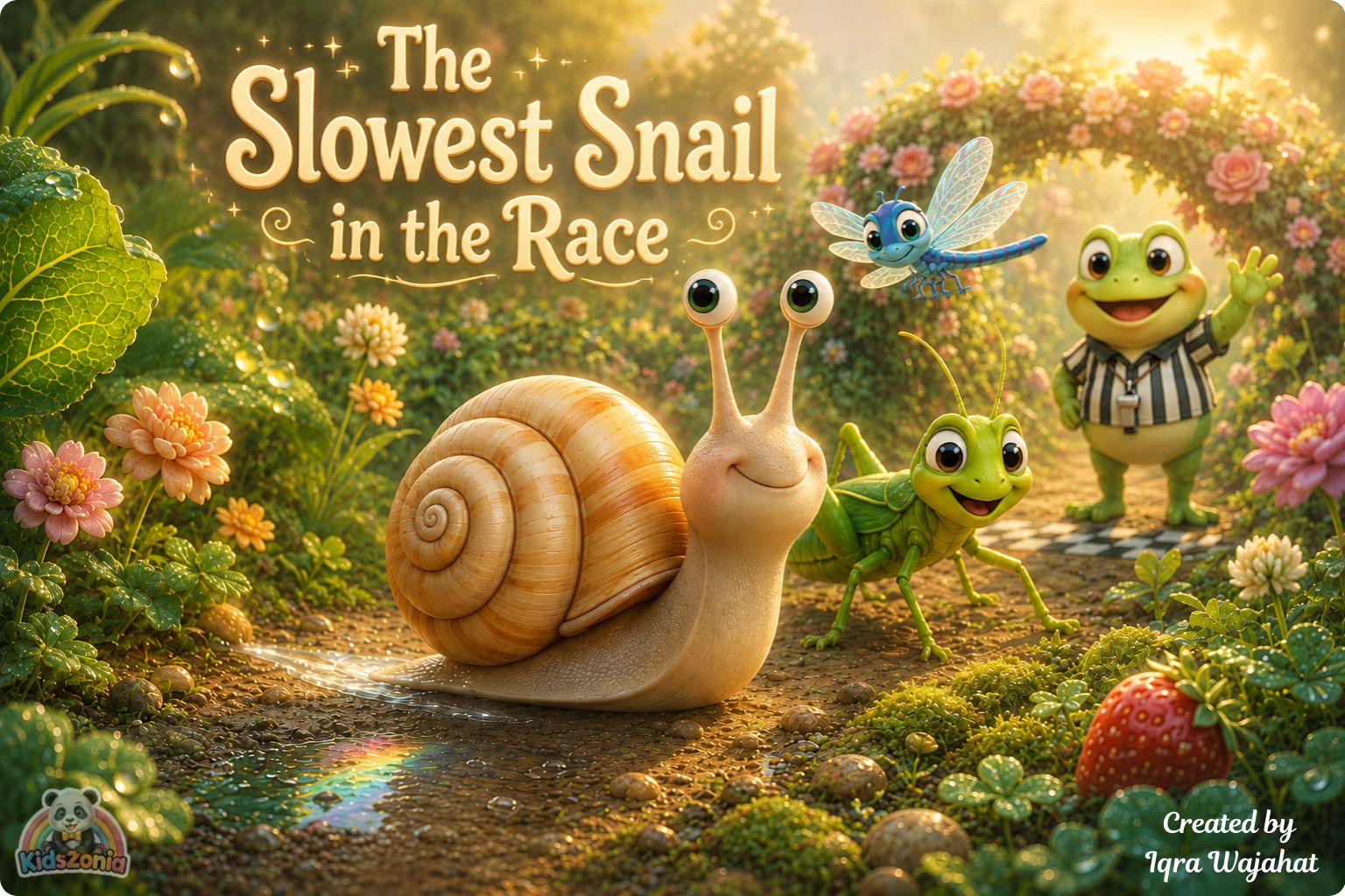 Bumble the snail moving slowly through a glowing garden path, noticing rainbow puddles, green leaves, and a strawberry, showing mindfulness, wonder, and slow living.