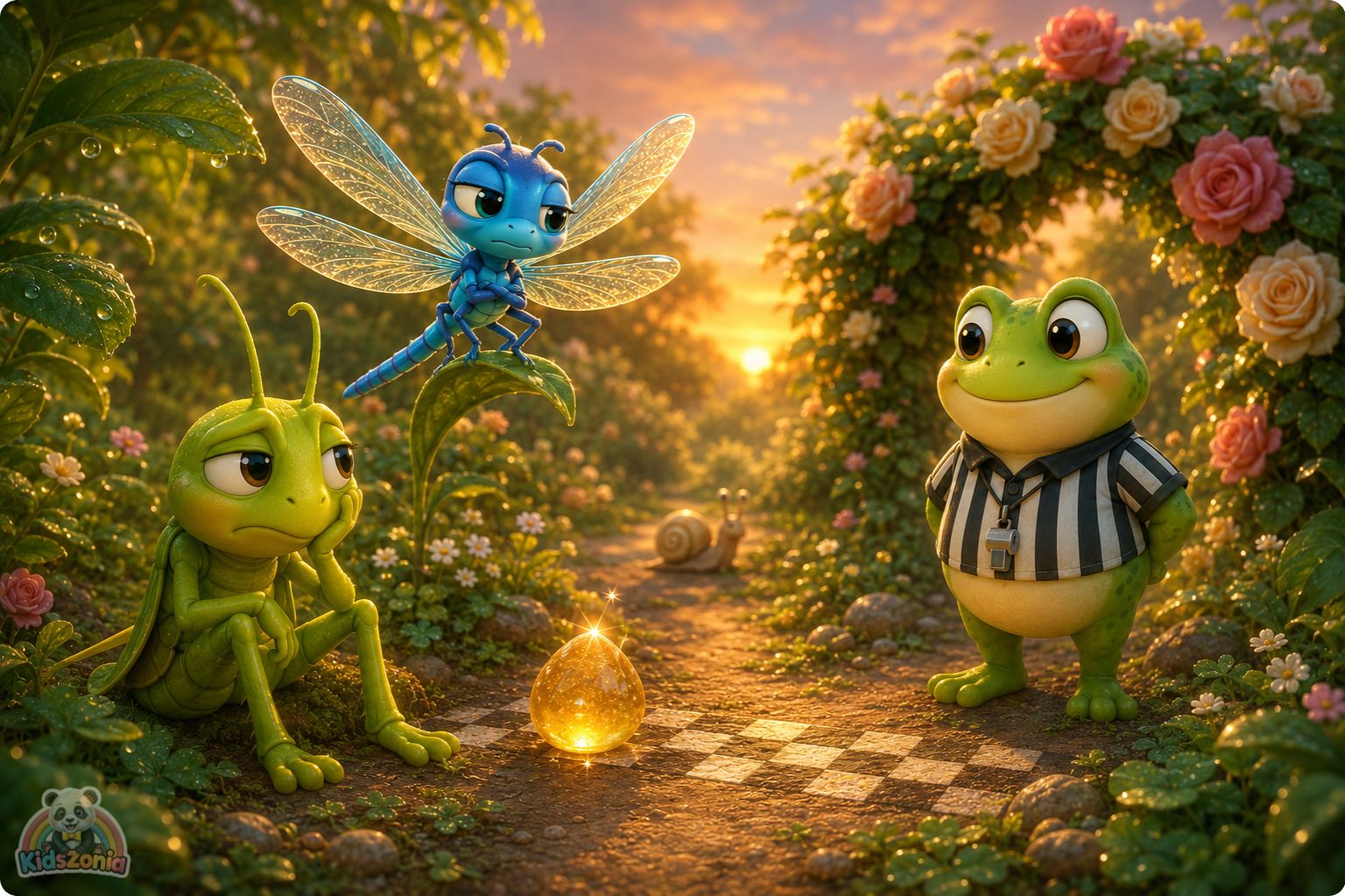 Bumble the snail moving slowly through a glowing garden path, noticing rainbow puddles, green leaves, and a strawberry, showing mindfulness, wonder, and slow living.