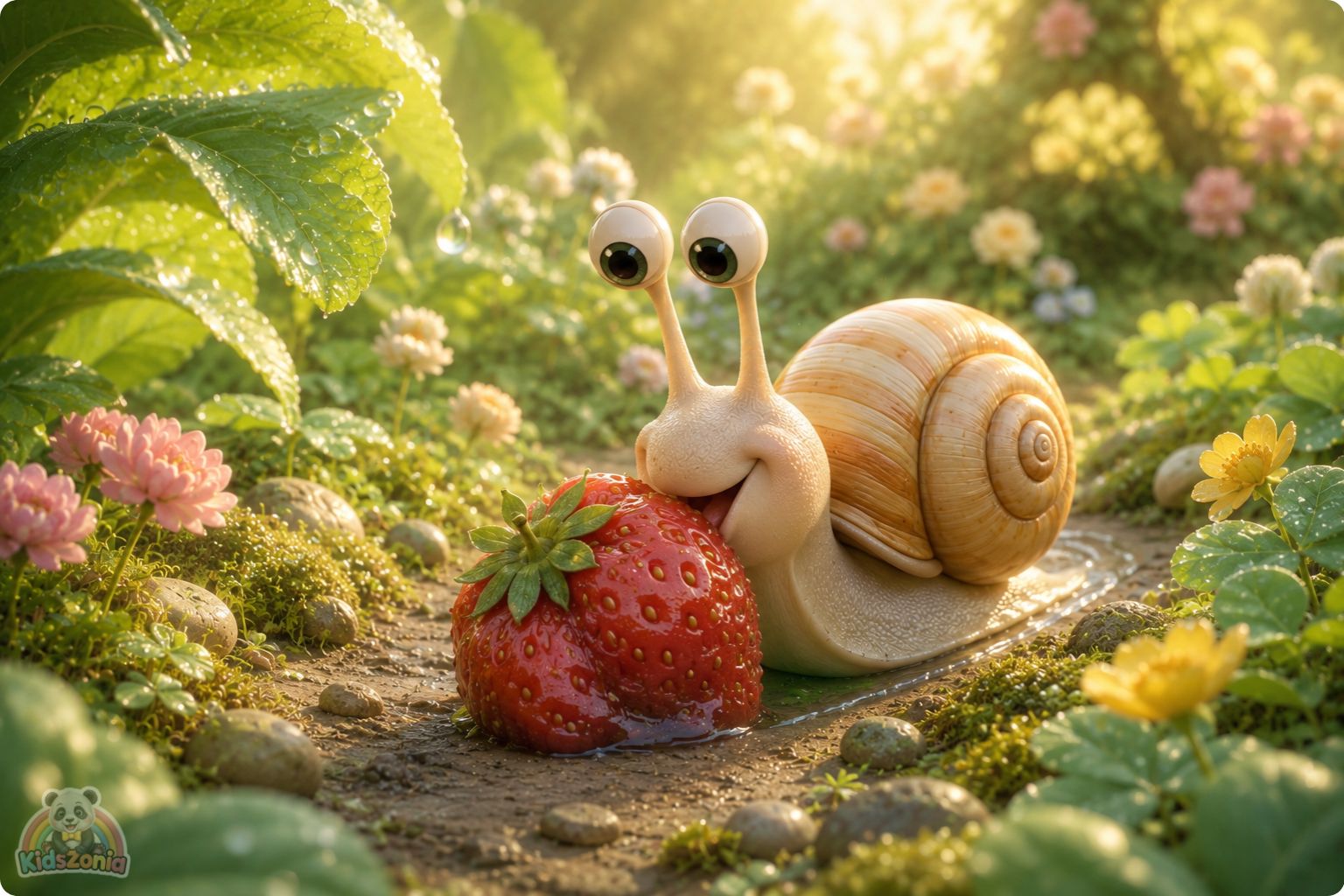 Bumble the snail moving slowly through a glowing garden path, noticing rainbow puddles, green leaves, and a strawberry, showing mindfulness, wonder, and slow living.
