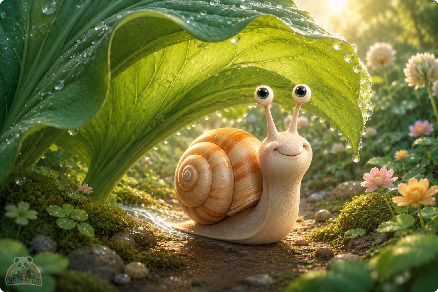 Bumble the snail moving slowly through a glowing garden path, noticing rainbow puddles, green leaves, and a strawberry, showing mindfulness, wonder, and slow living.