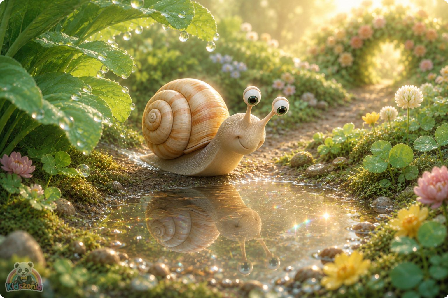 Bumble the snail moving slowly through a glowing garden path, noticing rainbow puddles, green leaves, and a strawberry, showing mindfulness, wonder, and slow living.