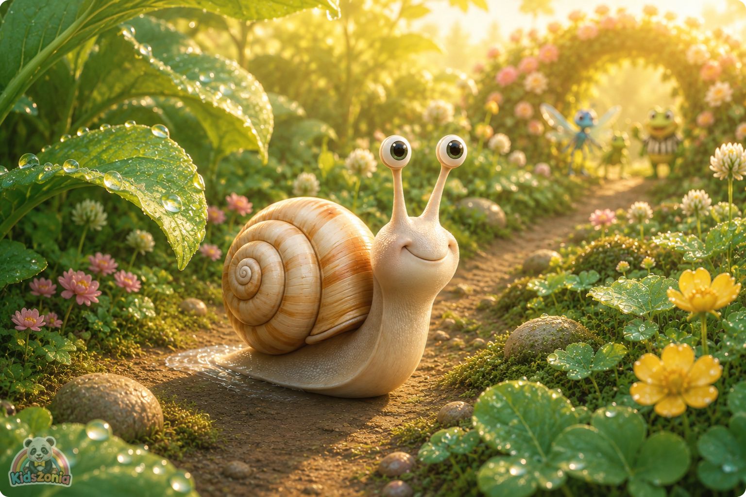 Bumble the snail moving slowly through a glowing garden path, noticing rainbow puddles, green leaves, and a strawberry, showing mindfulness, wonder, and slow living.