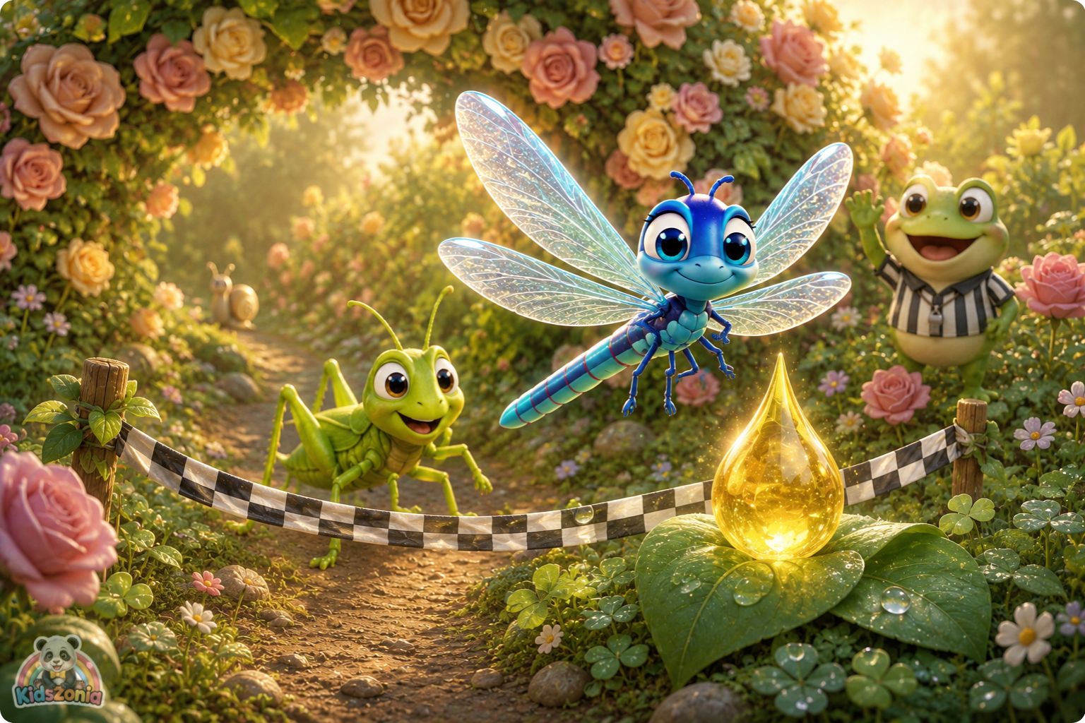 Bumble the snail moving slowly through a glowing garden path, noticing rainbow puddles, green leaves, and a strawberry, showing mindfulness, wonder, and slow living.